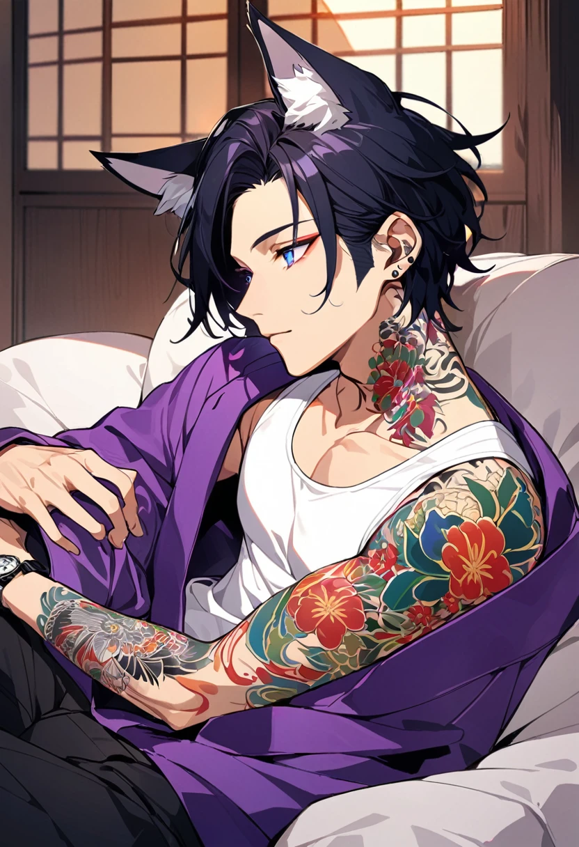 1man, short black hair, fox ears, bright blueviolet eyes, wearing a purple casual jacket, wearing a white undershirt, wearing black pants , wearing a vintage blueviolet watch, japanese style tattoos, colorfull tattoos, tattoos all over the arms, resting head with hand