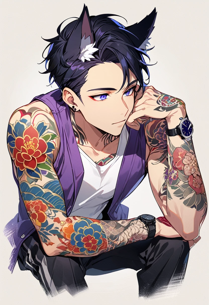 1man, short black hair, fox ears, bright blueviolet eyes, wearing a purple casual jacket, wearing a white undershirt, wearing black pants , wearing a vintage blueviolet watch, japanese style tattoos,  colorfull tattoos, tattoos all over the arms, resting head with hand