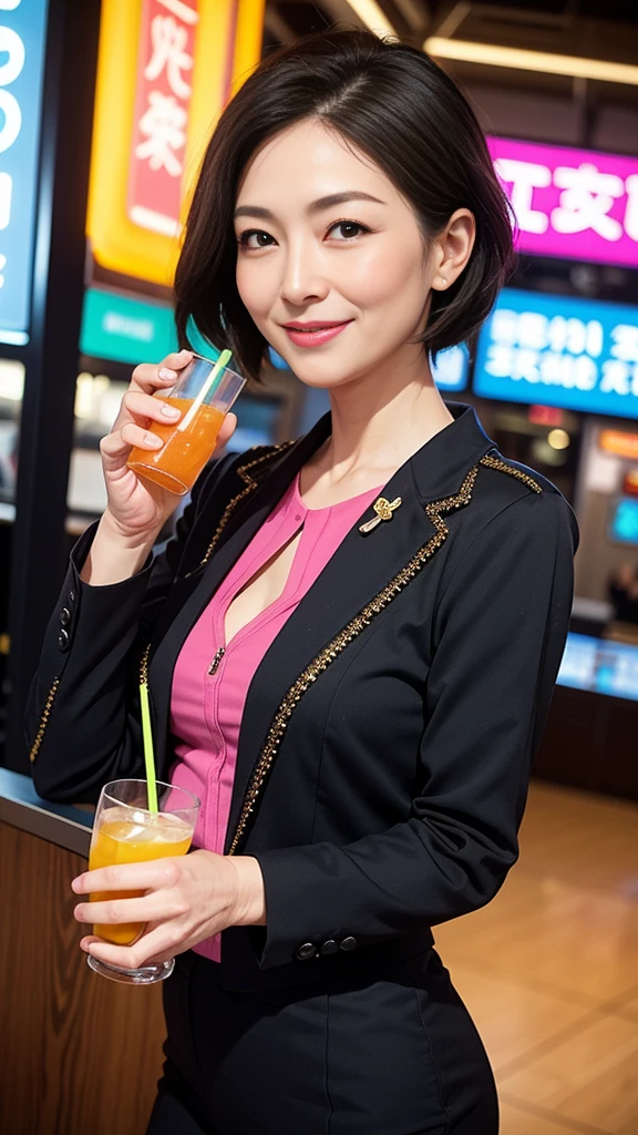 最high quality, 8k, Vibrant, Sharp focus, high quality, High resolution, Middle-aged women, Mature Woman, 55 years old, (Whole Body Ezbian), (High heels face detail, Highly detailed eyes, Slender figure、A beautiful woman with a sharp face wearing a stylish colorful business suit、Enjoying a drink in a neon-lit bar、The scene where she shows off her best smile。シーンは鮮やかでhigh quality、Detailed and meticulously drawn。Beautiful woman's perfect face highlighted by neon lights、It creates a wonderful contrast。The bar is decorated with colorful neon signs.、There is a lively atmosphere。Colorful business suits are sophisticated and stylish.、It accentuates her elegant appearance。Ultra-realistic 8K resolution throughout、Captures every detail。Her face is full of joy、With beautiful eyes and a perfect smile、It gives the scene a sense of life and charm.。