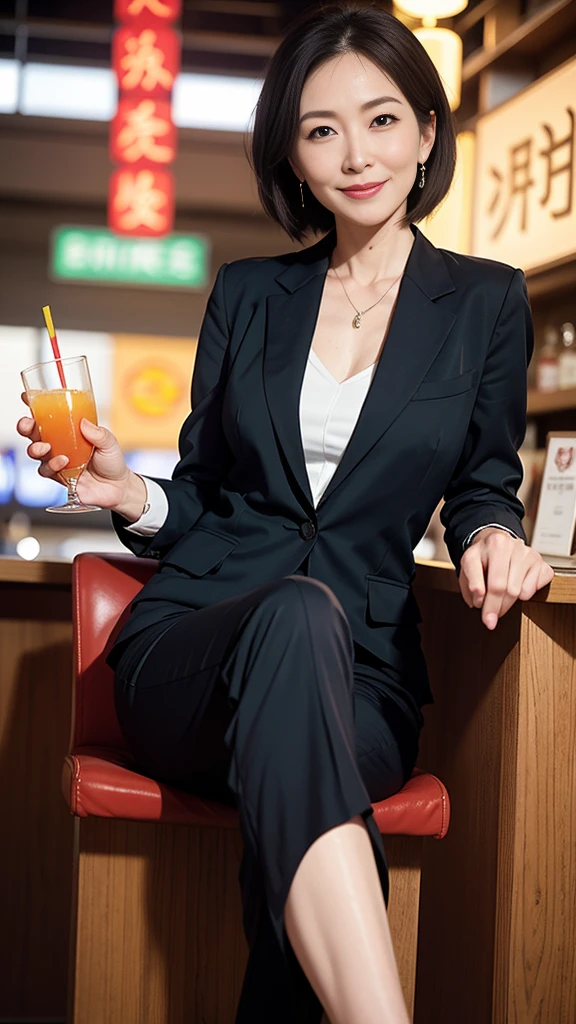 最high quality, 8k, Vibrant, Sharp focus, high quality, High resolution, Middle-aged women, Mature Woman, 55 years old, (Whole Body Ezbian), (High heels face detail, Highly detailed eyes, Slender figure、A beautiful woman with a sharp face wearing a stylish colorful business suit、Enjoying a drink in a neon-lit bar、The scene where she shows off her best smile。シーンは鮮やかでhigh quality、Detailed and meticulously drawn。Beautiful woman's perfect face highlighted by neon lights、It creates a wonderful contrast。The bar is decorated with colorful neon signs.、There is a lively atmosphere。Colorful business suits are sophisticated and stylish.、It accentuates her elegant appearance。Ultra-realistic 8K resolution throughout、Captures every detail。Her face is full of joy、With beautiful eyes and a perfect smile、It gives the scene a sense of life and charm.。
