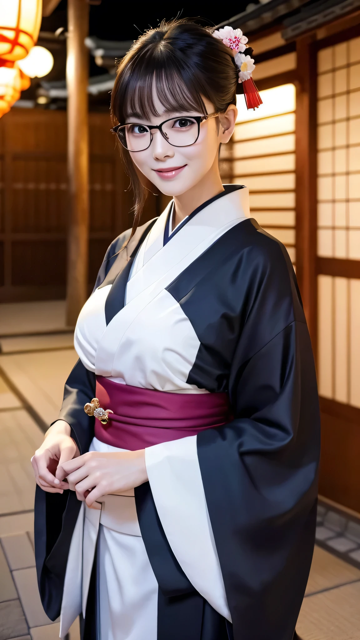 (Super beautiful woman in kimono)、((highest quality、8K masterpiece:1.3))、sharp focus:1.2、(super beautiful face:1.0)、(shiny skin:1.0)、realistic pictures、black hair、video lighting、High resolution eyes and face、video lighting、japanese actress、from the front、big breasts、with a happy smile、Slender abs beauty、whole body、wearing a kimono、in Kyoto、(((luxury obi)))、In Kyoto at night、wearing glasses with no edge、with a fan
