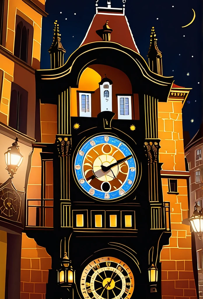 Astronomical Clock: An ornate astronomical clock, situated in the center of a medieval square, surrounded by historic buildings. The watch has intricate details, like zodiac signs and moon phases, and is lit by old street lanterns, with the starry sky in the background.