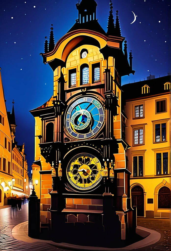 Astronomical Clock: An ornate astronomical clock, situated in the center of a medieval square, surrounded by historic buildings. The watch has intricate details, like zodiac signs and moon phases, and is lit by old street lanterns, with the starry sky in the background.