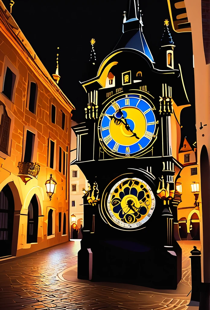 Astronomical Clock: An ornate astronomical clock, situated in the center of a medieval square, surrounded by historic buildings. The watch has intricate details, like zodiac signs and moon phases, and is lit by old street lanterns, with the starry sky in the background.