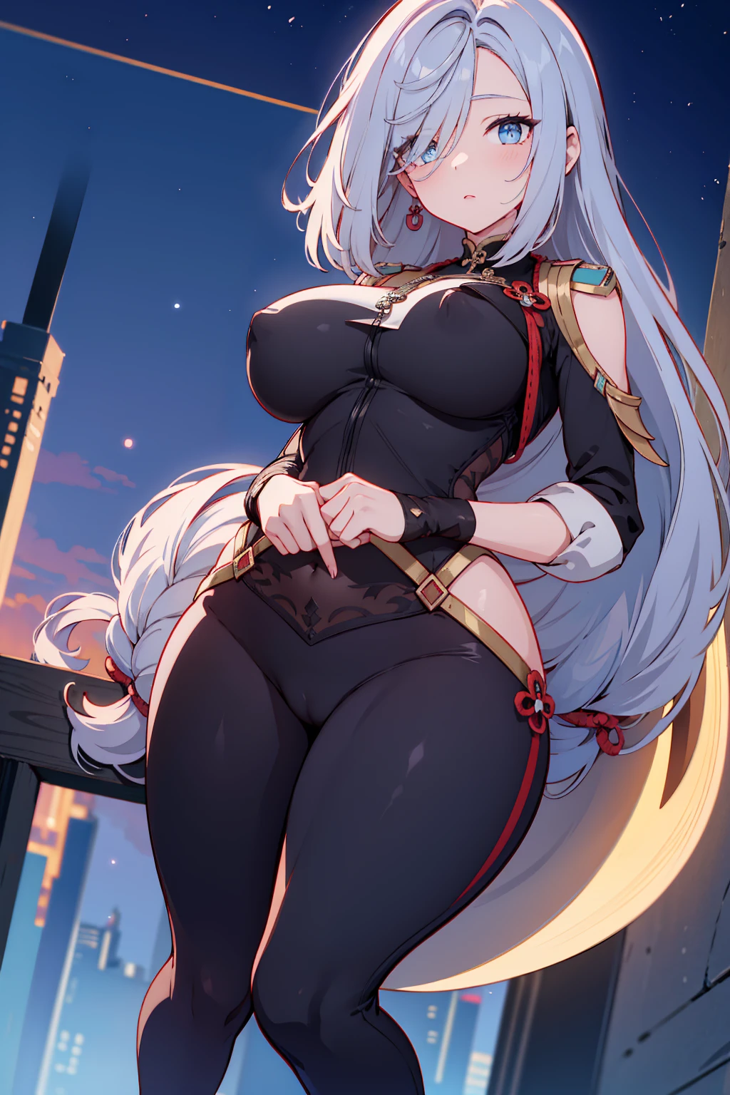 Shenhe, tight pants, butt, seductive, thick thighs, night sky view, realistic, best quality, masterpiece, ultra detail, ultra high res