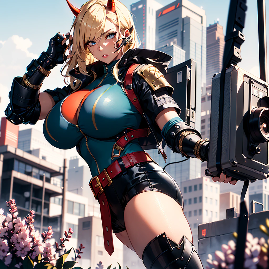 ((best quality)), ((masterpiece)), (detailed), 1girl, 8k_wallpaper, extremely detailed eyes, extremely detailed body, beautiful face, perfect face, detailed ((blonde hair)), (gold eyes), ((large big red and blue horns)), {{dark skin}}, ({dark skinned female}), gigantic breasts, thick thighs, strong arm and leg muscles, strong abdominal muscles, Monster women, Korean women, wearing a modern short black cloth jacket with rolled up sleeves, (wearing heavy gold colored steel cyberpunk armor), a wide red leather belt with blue steel yarn, steel boots, steel thigh guards, a military radio hangs on her belt, a biker girl, she rides on another planet along a lilac field against the backdrop of a blue desert and high red mountains,