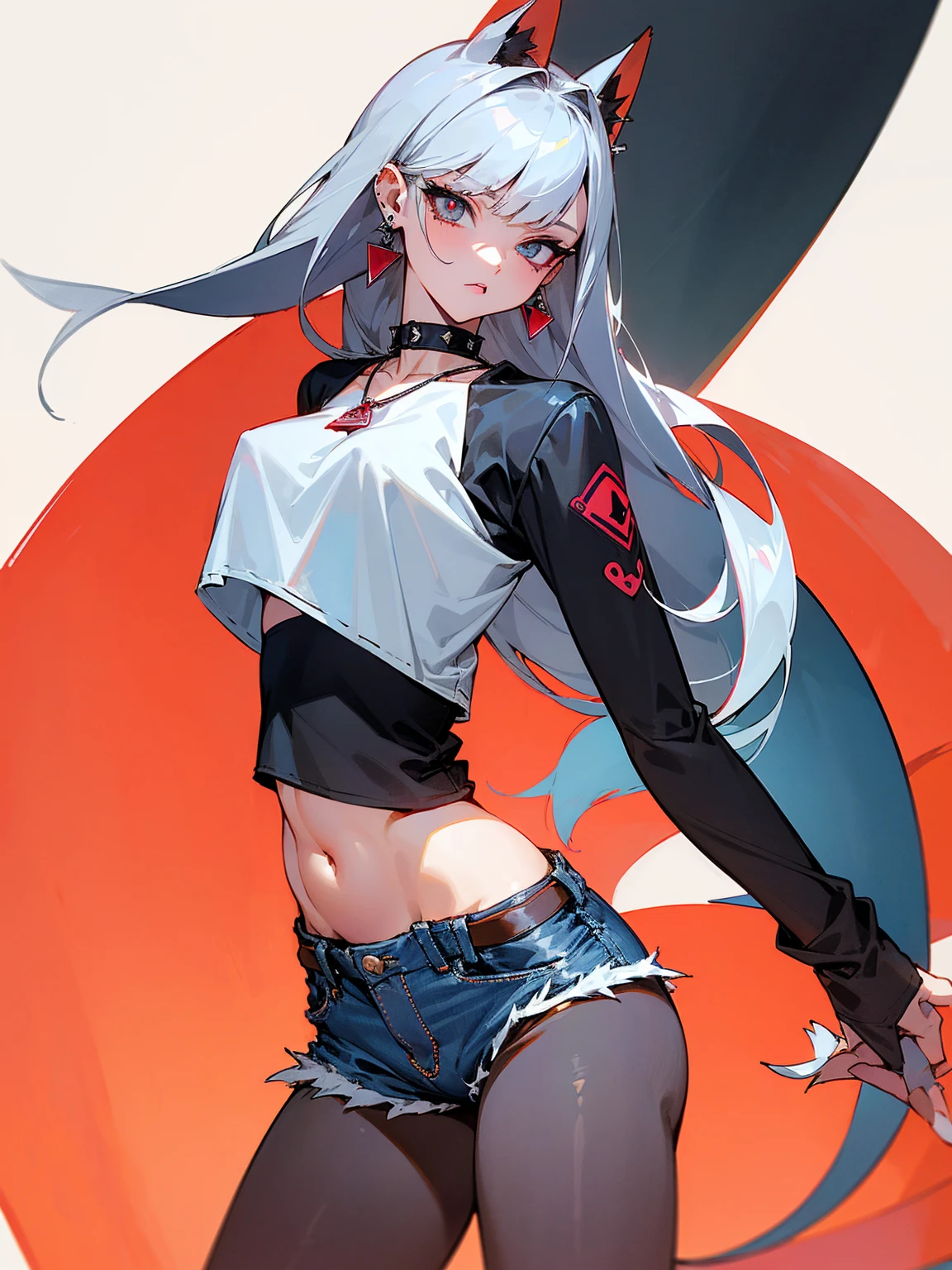 ((Long Straight Silver hair)), Perfect face, Choker, Punk earrings, ((Tall)), ((High Quality)), Necklace, ((Mature)), Pretty Eyes, Sharp Nails, Bangs, ((1 Girl)), ((Multiple Earrings)), 1 girl, Spiky Earrings, Adult, Spiked Collar, Thin Eyelashes, Plain Background, Red Colors in Background, Vampire Girl, Long Tail, Large Tail, Massive Tail, Shark Tail, ((Jean Shorts)), ((Long Sleeve Crop Top)), Close Up, Very Short Mini Skirt, Tall, Long Legs, Dynamic Pose, Black Tail, 2 moles under left eye, Wide Hips, Pantyhose, Vibrant Colors, Close Up, Sexy, Suggestive, Sexually Suggestive, NSFW, Naked, Nipples, Vagina,