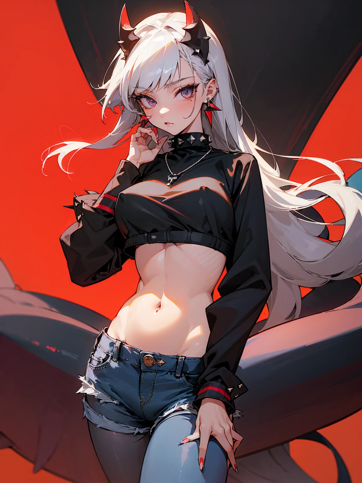 ((Long Straight Silver hair)), Perfect face, Choker, Punk earrings, ((Tall)), ((High Quality)), Necklace, ((Mature)), Pretty Eyes, Sharp Nails, Bangs, ((1 Girl)), ((Multiple Earrings)), 1 girl, Spiky Earrings, Adult, Spiked Collar, Thin Eyelashes, Plain Background, Red Colors in Background, Vampire Girl, Long Tail, Large Tail, Massive Tail, Shark Tail, ((Jean Shorts)), ((Long Sleeve Crop Top)), Close Up, Very Short Mini Skirt, Tall, Long Legs, Dynamic Pose, Black Tail, 2 moles under left eye, Wide Hips, Pantyhose, Vibrant Colors, Close Up, Sexy, Suggestive, Sexually Suggestive, NSFW, Naked, Nipples, Vagina,
