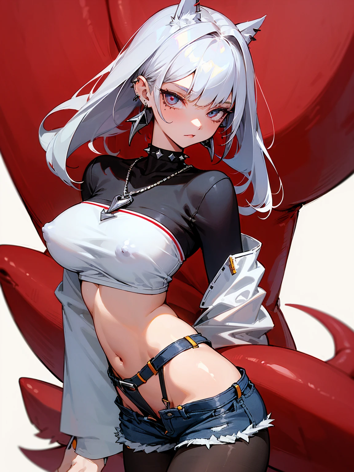((Long Straight Silver hair)), Perfect face, Choker, Punk earrings, ((Tall)), ((High Quality)), Necklace, ((Mature)), Pretty Eyes, Sharp Nails, Bangs, ((1 Girl)), ((Multiple Earrings)), 1 girl, Spiky Earrings, Adult, Spiked Collar, Thin Eyelashes, Plain Background, Red Colors in Background, Vampire Girl, Long Tail, Large Tail, Massive Tail, Shark Tail, ((Jean Shorts)), ((Long Sleeve Crop Top)), Close Up, Very Short Mini Skirt, Tall, Long Legs, Dynamic Pose, Black Tail, 2 moles under left eye, Wide Hips, Pantyhose, Vibrant Colors, Close Up, Sexy, Suggestive, Sexually Suggestive, NSFW, Naked, Nipples, Vagina,