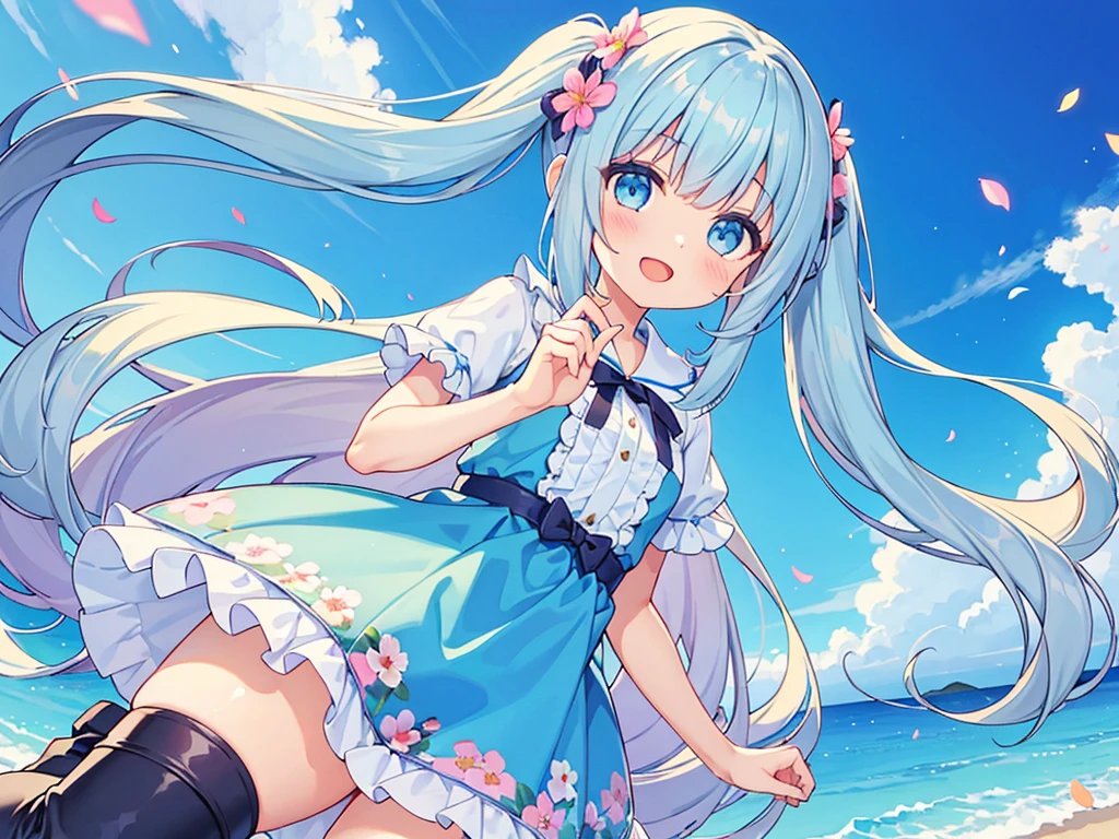 One Girl,whole body,Light blue long hair、Twin tails、Knee-high boots,Open mouth and big smile、Cute pose、Flowing iridescent silk、Close-up of face、Look up、Floral Dress、There is a flower in front of you、petal、Summer vacation、season!!:Summer☀ 