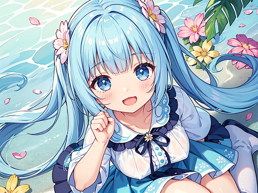 One Girl,whole body,Light blue long hair、Twin tails、Knee-high boots,Open mouth and big smile、Cute pose、Flowing iridescent silk、Close-up of face、Look up、Floral Dress、There is a flower in front of you、petal、Summer vacation、season!!:Summer☀ 