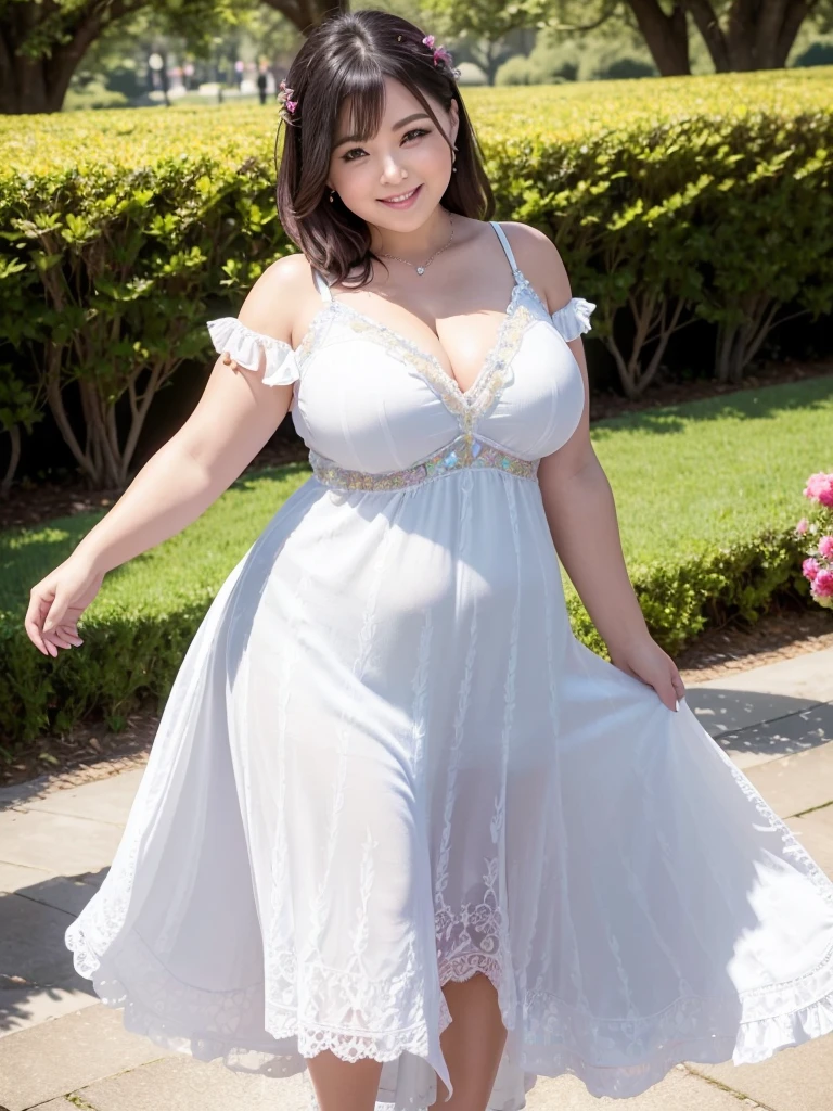 A beautiful and hot almost chubby mature woman.who is wearing a patterned short dress and is and standing in the resort. A smiling face、sexy woman、A radiant smile、adorable、race、Frills、Colorful design、Full-length mirror、An inviting gaze、Gorgeous long and beautiful hairstyle、variation Hairstyle、Open neck blouse、Alluring、Flower Garden、Sparkling、elegant princess、Full body description、1people。Front view