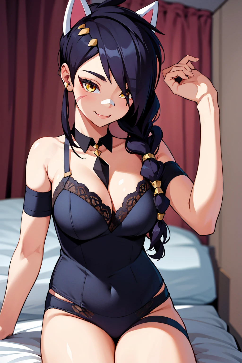 Erisa, 1girl, solo, long hair, looking at viewer, black hair, bandaid on face, yellow eyes, animal ears, smile, bandaid on nose, braid, cat ears, bandaid, bangs, breasts, fake animal ears, bedroom background, fang, bare shoulders, scar, bare shoulders, closed mouth, hair over one eye, portrait, hair over shoulder, legs, lingerie, bedroom, seductive, realistic, highly detailed face, detailed eyes, best quality, masterpiece, ultra detail, ultra high res, extreme detail, 8k, uhd