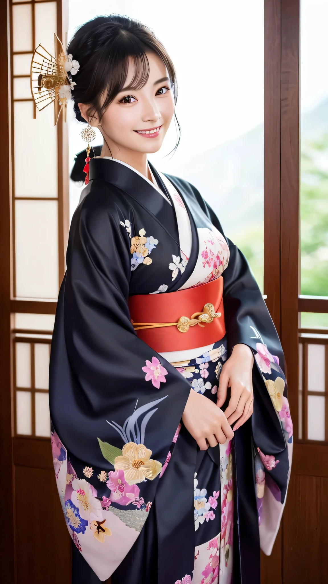 (Super beautiful woman in kimono)、((highest quality、8K masterpiece:1.3))、sharp focus:1.2、(super beautiful face:1.0)、(shiny skin:1.0)、realistic pictures、black hair、video lighting、High resolution eyes and face、video lighting、japanese actress、from the front、with a happy smile、whole body、wearing a kimono、in Kyoto、(luxury obi)、with a fan