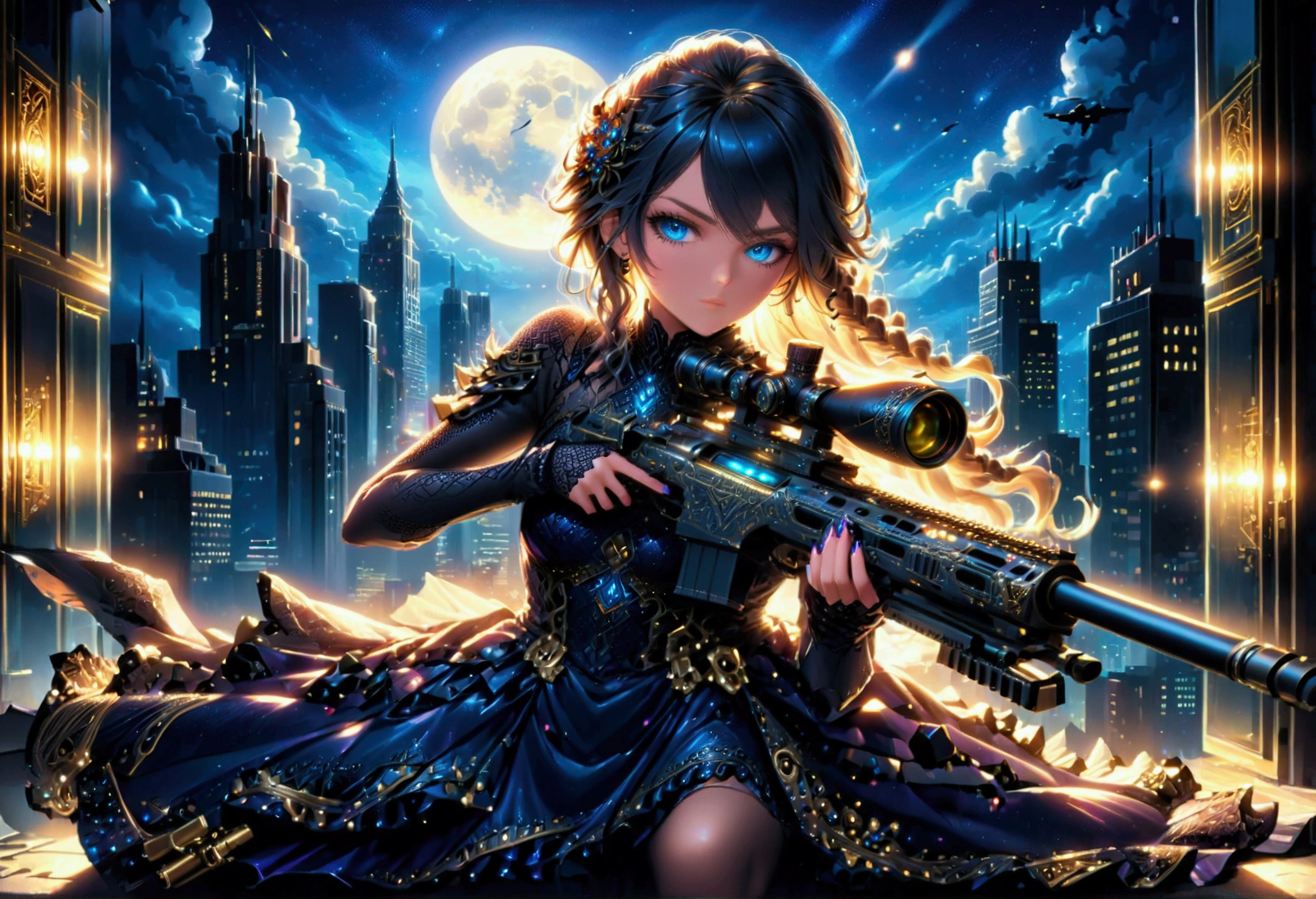 a portrait picture of a 1single sniper woman, standing in a window aiming a (sniper rifle: 1.2), an exotic beautiful woman sniper, dynamic hair, braided hair, full body shop, intense blue eyes, ultra detailed face, wearing (intricate evening dress: 1.5), elegant dress, dynamic color, dynamic style, wearing elegant stiletto heels , behind a window in a tall building at nigh, aiming a Light Sniper Rifle , cyberpunk city background, its night time, moon rays, some clouds,  (full body shot: 1.1) , vibrant, Ultra-high resolution, High Contrast, (masterpiece:1.5), highest quality, Best aesthetics), best details, best quality, highres, ultra wide angle, 16k, [ultra detailed], masterpiece, best quality, (extremely detailed) Sniper Rifle, evening dress