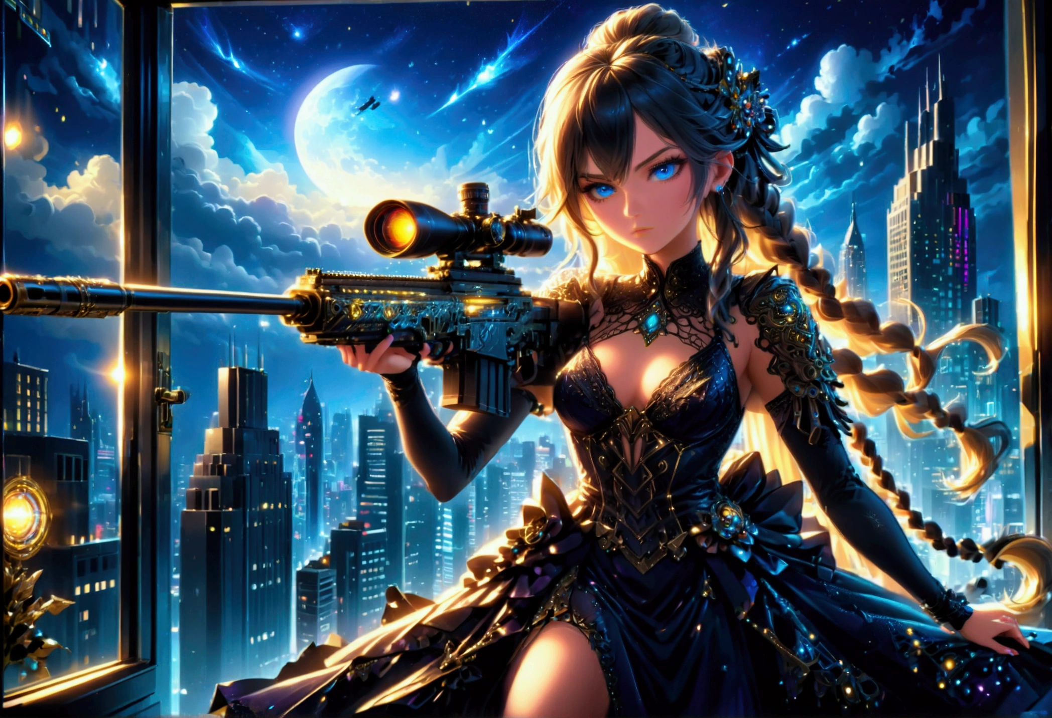 a portrait picture of a 1single sniper woman, standing in a window aiming a (sniper rifle: 1.2), an exotic beautiful woman sniper, dynamic hair, braided hair, full body shop, intense blue eyes, ultra detailed face, wearing (intricate evening dress: 1.5), elegant dress, dynamic color, dynamic style, wearing elegant stiletto heels , behind a window in a tall building at nigh, aiming a Light Sniper Rifle , cyberpunk city background, its night time, moon rays, some clouds,  (full body shot: 1.1) , vibrant, Ultra-high resolution, High Contrast, (masterpiece:1.5), highest quality, Best aesthetics), best details, best quality, highres, ultra wide angle, 16k, [ultra detailed], masterpiece, best quality, (extremely detailed) Sniper Rifle, evening dress