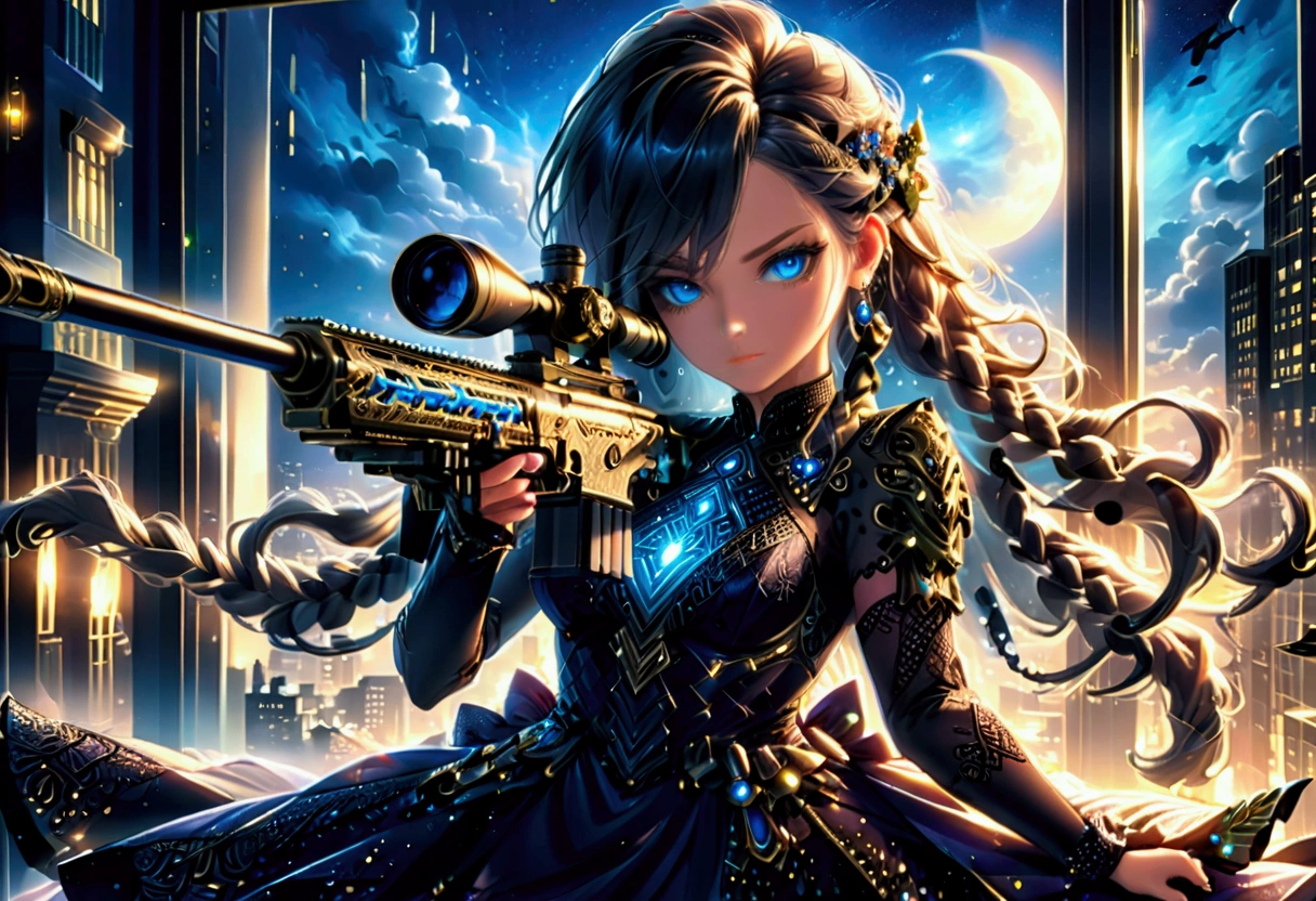 a portrait picture of a 1single sniper woman, standing in a window aiming a (sniper rifle: 1.2), an exotic beautiful woman sniper, dynamic hair, braided hair, full body shop, intense blue eyes, ultra detailed face, wearing (intricate evening dress: 1.5), elegant dress, dynamic color, dynamic style, wearing elegant stiletto heels , behind a window in a tall building at nigh, aiming a Light Sniper Rifle , cyberpunk city background, its night time, moon rays, some clouds,  (full body shot: 1.1) , vibrant, Ultra-high resolution, High Contrast, (masterpiece:1.5), highest quality, Best aesthetics), best details, best quality, highres, ultra wide angle, 16k, [ultra detailed], masterpiece, best quality, (extremely detailed) Sniper Rifle, evening dress