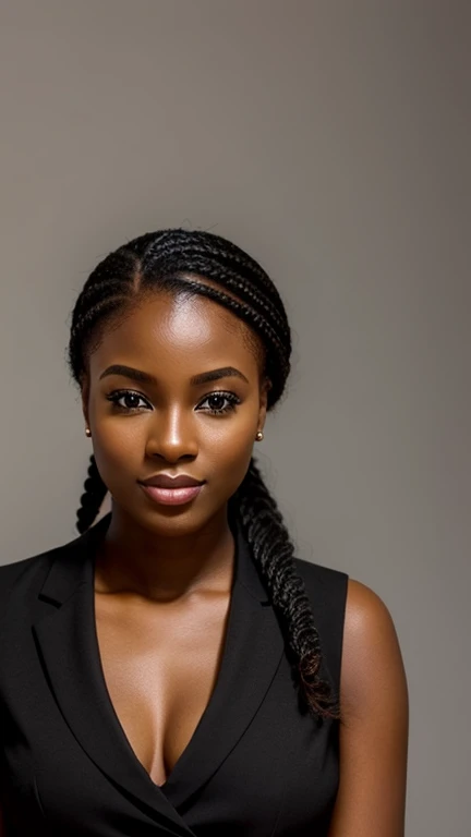A beautiful beautiful black woman, beautiful silhouette, Cutes + gentle lips+Businessman Tresse) are in a company . very realistic Ivorian communications manager