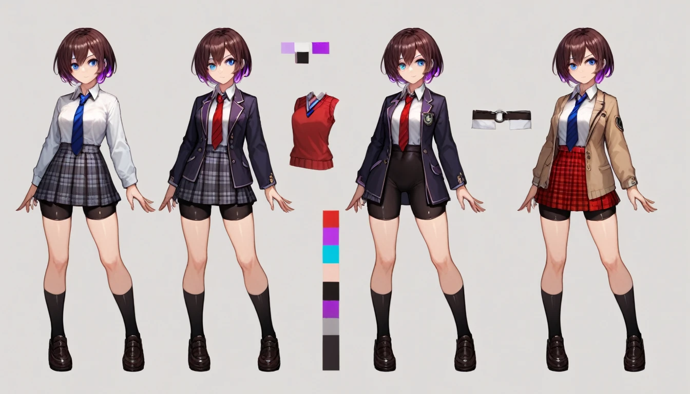 Solo, score_9,score_8_up,score_7_up, source_girl, school girl, teenage female, brown hair, wearing black bike shorts, black spandex shorts, 1.3, necktie, wearing school clothes, school outfit, standing, solo, full body, blue eyes, , plaid skirt, black spandex shorts, (short hair), character design, paper doll sheet, (purple highlights), brown hair,