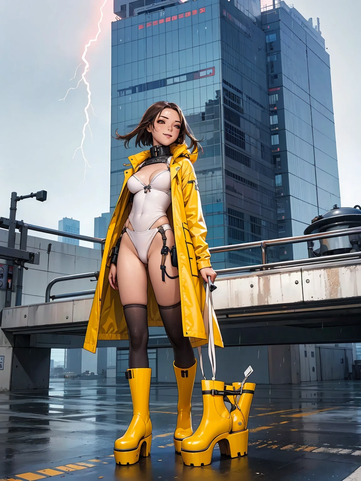 Girl from a cyberpunk post-apocalypse manga, strong and determined, smile on the corner of lips, scandalous clothes, ripped futuristic swimsuit, high collar halfway up the face, yellow raincoat, all wet, walking on a building roof, lightning cuts the sky on a rainy day, futuristic buildings in the background, (((front view))), Neon panels illuminate your body from behind, perfect fitness body, coxas nuas, long ribbon-garter, high socks and yellow rain boots with platform heels, cena sensual, stunning visual, (((cowboy shot)))