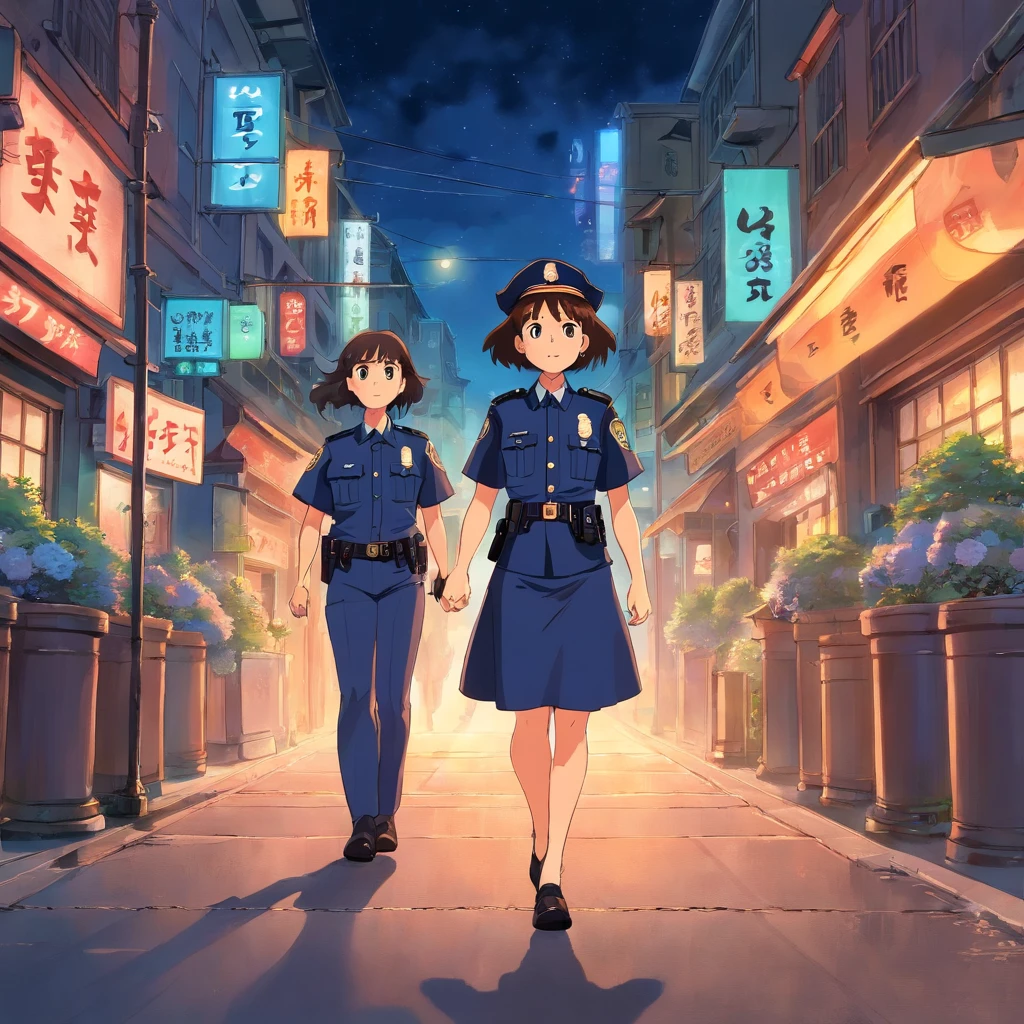 Create a classic anime style image where a police officer is cursed to transform into a woman during the night. The title is "I'm not supposed to be a cop"