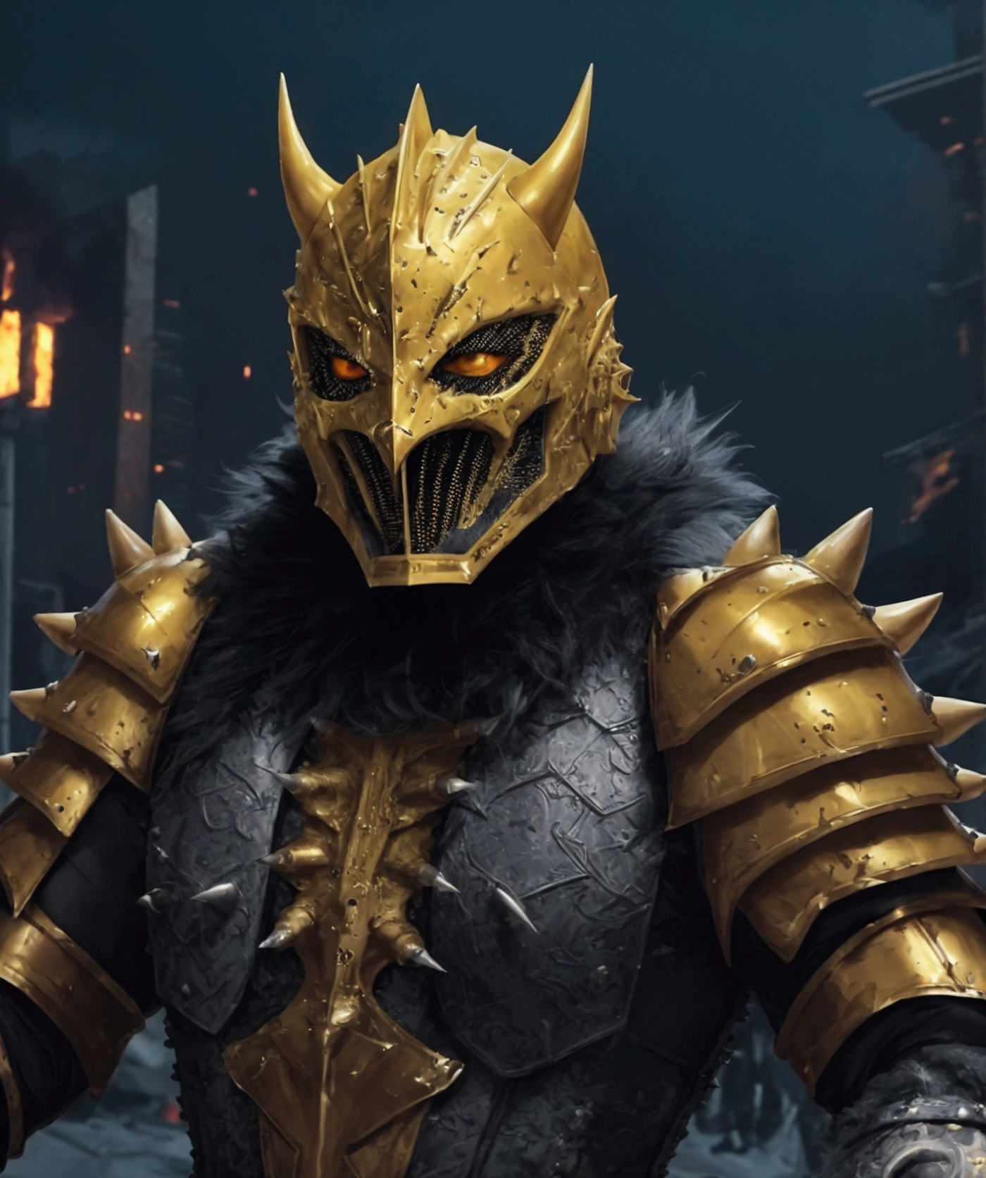 (extremely detailed 8k wallpaper), a medium shot photo of Grim dressed as a scary masked metallic yellow furry-supervillain in a metallic yellow spiked armour made of fur glowing armour with spikes from marvel, theme, intricate, high detail, dramatic, destroyed burning buildings in the background
