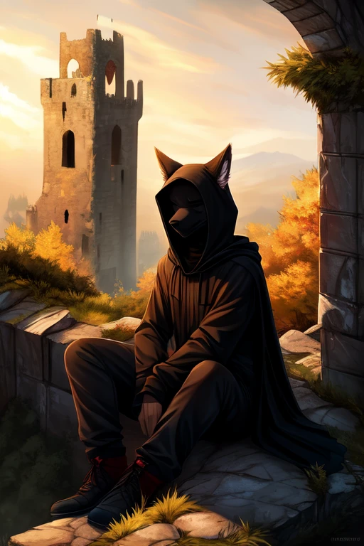 by angiewolf, hioshiru, pure, anthropo, male, alone, clothes, fur, 2022, black clothes, hood, black tops, closed eyes, black hood, a ruined castle, sitting at the top of the tower,