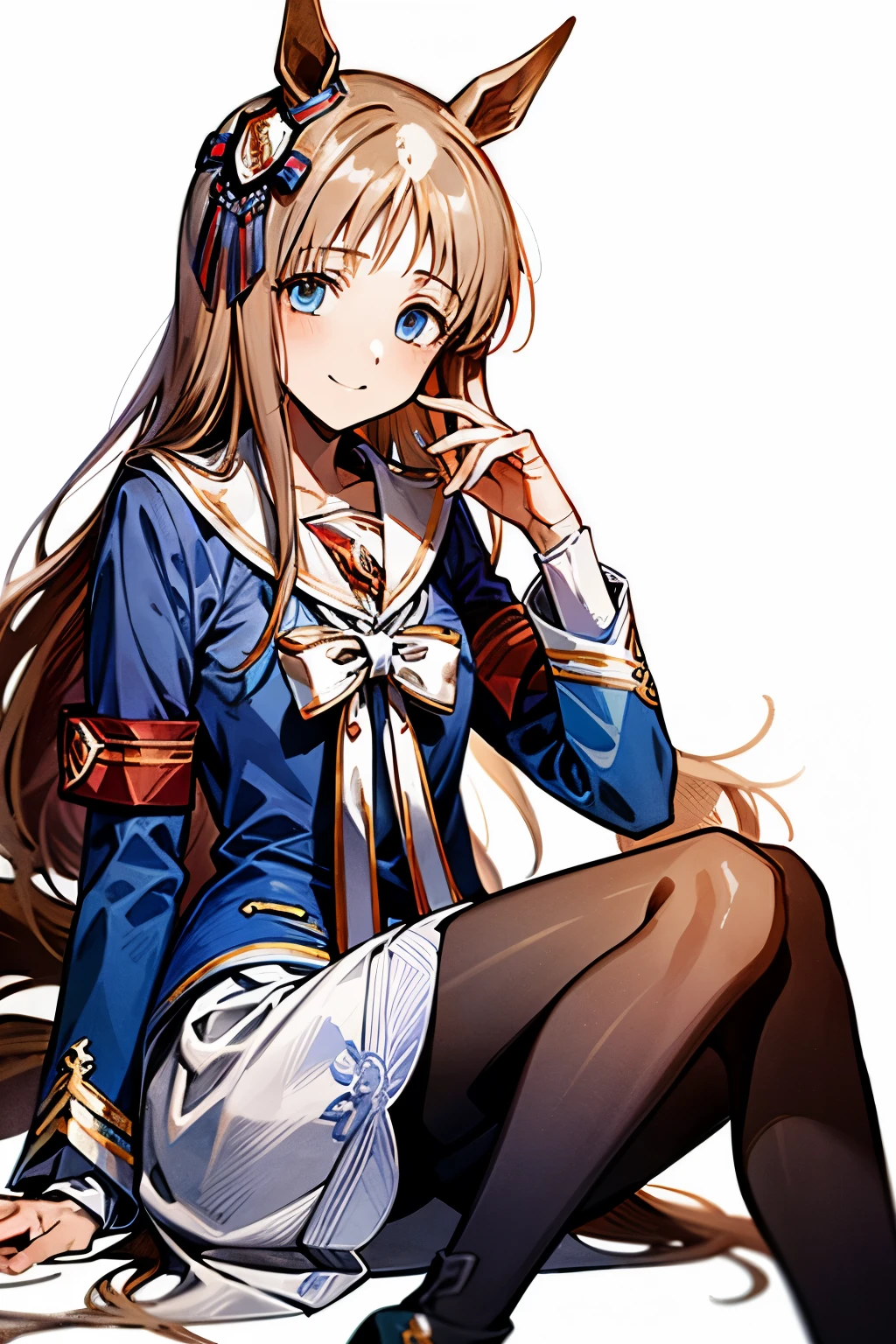 grass wonder \(Umamusume\), 1 girl, Solo, Best Quality, masterpiece, 8K, High resolution, Ultra-detailed, light smile, gentle smile, sitting on the floor holding her knees, Blue jacket, White sailor color, Long sleeves, White skirt, black pantyhose, simple background,