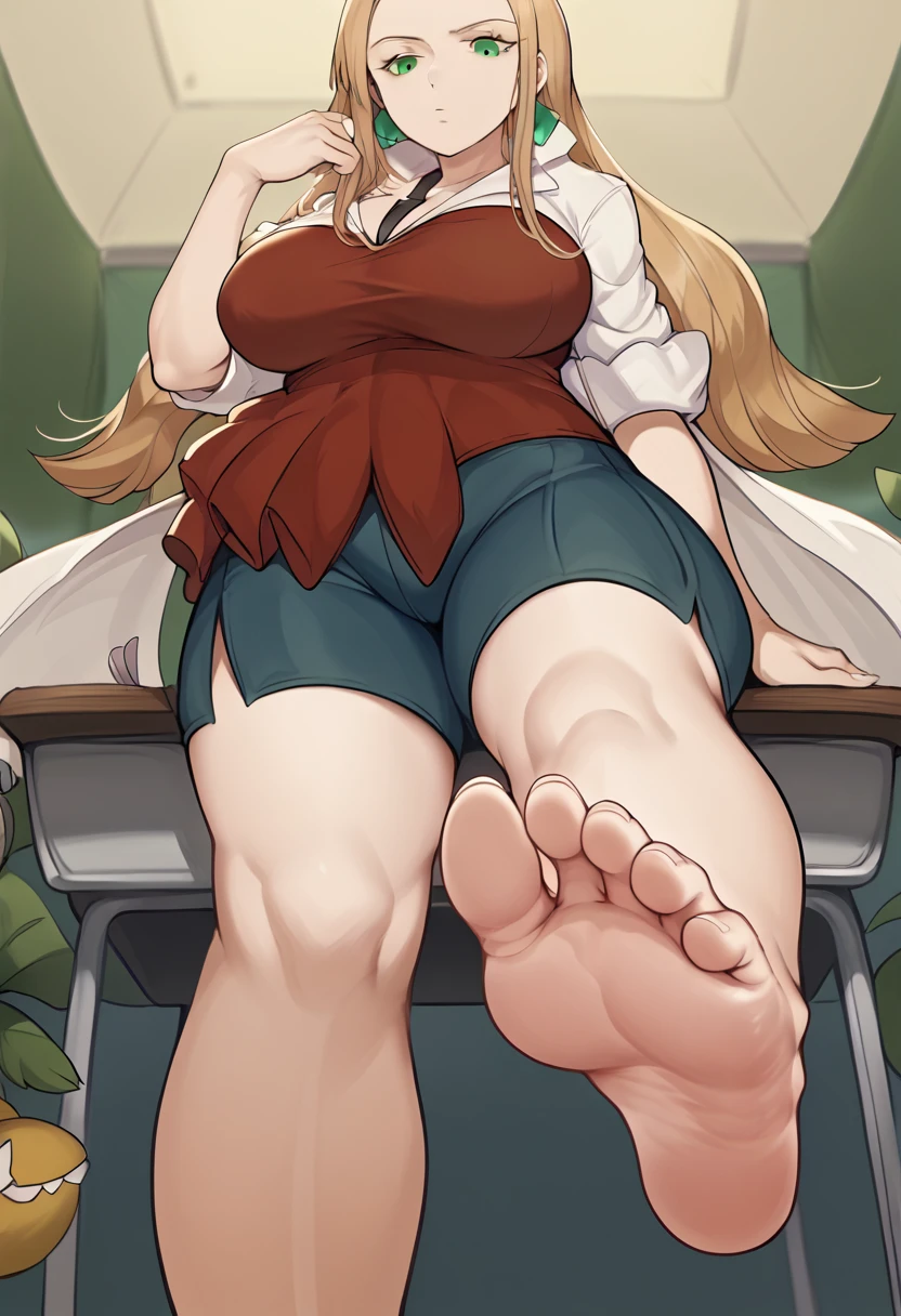 Best Quality, Masterpiece, ultra high resolution, a woman, hope (Pokémon), golden fur .,  Green eyes, big breasts, serious look, red shirt white coat, blue pants, sitting in a desk chair, pies, barefoot, barefoot, soles of feet visible, View from below, sitting in a desk chair, with a light blue room in the background , View from below