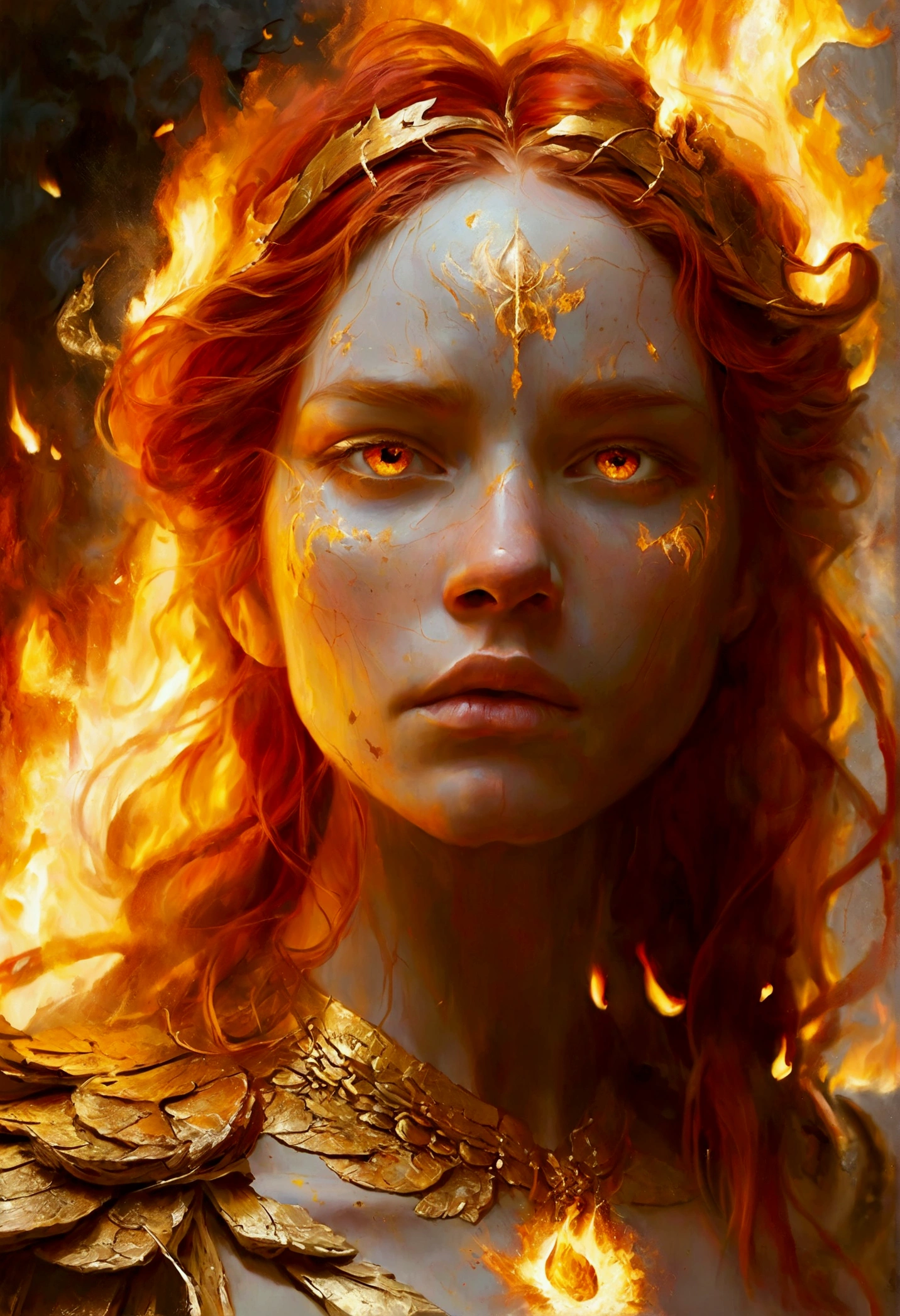 Create a detailed and expressive painting of a fire goddess with long red hair in the foreground. The goddess should be centred in the image with her head slightly tilted back, her eyes shows a great expression of sadness, longing and anger with tears rolling down her cheeks in gold on her face; it reflects the intensity of emotions as in Cabanel's portrait of The Fallen Angel.  His face should be centred to the camera. His shoulders should be visible, while the rest of his body remains outside the frame. The background should feature the element of fire that makes a crown of ashes behind his head, composed of a icon sunny devastation element in dark orange and dark yellow tones as the flames extinguished that create an intense, radiant effect against a black background. The background should be powerful, showing her fury and energy, giving a juxtaposition between the expression of the goddess's face and the chaos background. The hair should give a sense of movement and energy like wind. Use dramatic lighting to highlight the face and hair of the goddess, creating a strong contrast with the fiery background. The artistic style should focus on intricate details and ethereal elements, ensuring that the overall composition appears divine and otherworldly. Maintain the warmth of the colours and fine textures to faithfully replicate the image provided, allowing the figure to be substituted for another while retaining the background and overall style. 