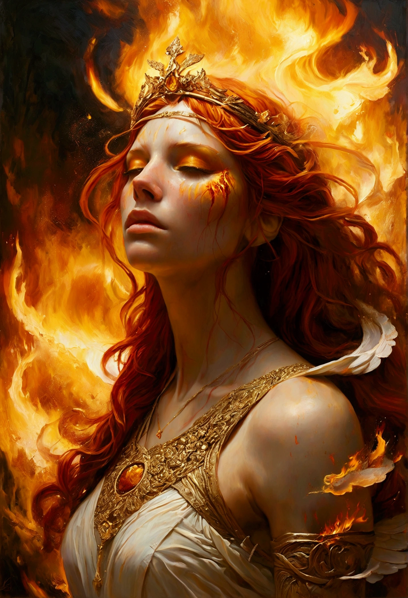 Create a detailed and expressive painting of a fire goddess with long red hair in the foreground. The goddess should be centred in the image with her head slightly tilted back, her eyes shows a great expression of sadness, longing and anger with tears rolling down her cheeks in gold on her face; it reflects the intensity of emotions as in Cabanel's portrait of The Fallen Angel. His face should be centred to the camera. His shoulders should be visible, while the rest of his body remains outside the frame. The background should feature the element of fire that makes a crown of ashes behind his head, composed of a icon sunny devastation element in dark orange and dark yellow tones as the flames extinguished that create an intense, radiant effect against a black background. The background should be powerful, showing her fury and energy, giving a juxtaposition between the expression of the goddess's face and the chaos background. The hair should give a sense of movement and energy like wind. Use dramatic lighting to highlight the face and hair of the goddess, creating a strong contrast with the fiery background. The artistic style should focus on intricate details and ethereal elements, ensuring that the overall composition appears divine and otherworldly. Maintain the warmth of the colours and fine textures to faithfully replicate the image provided, allowing the figure to be substituted for another while retaining the background and overall style.
