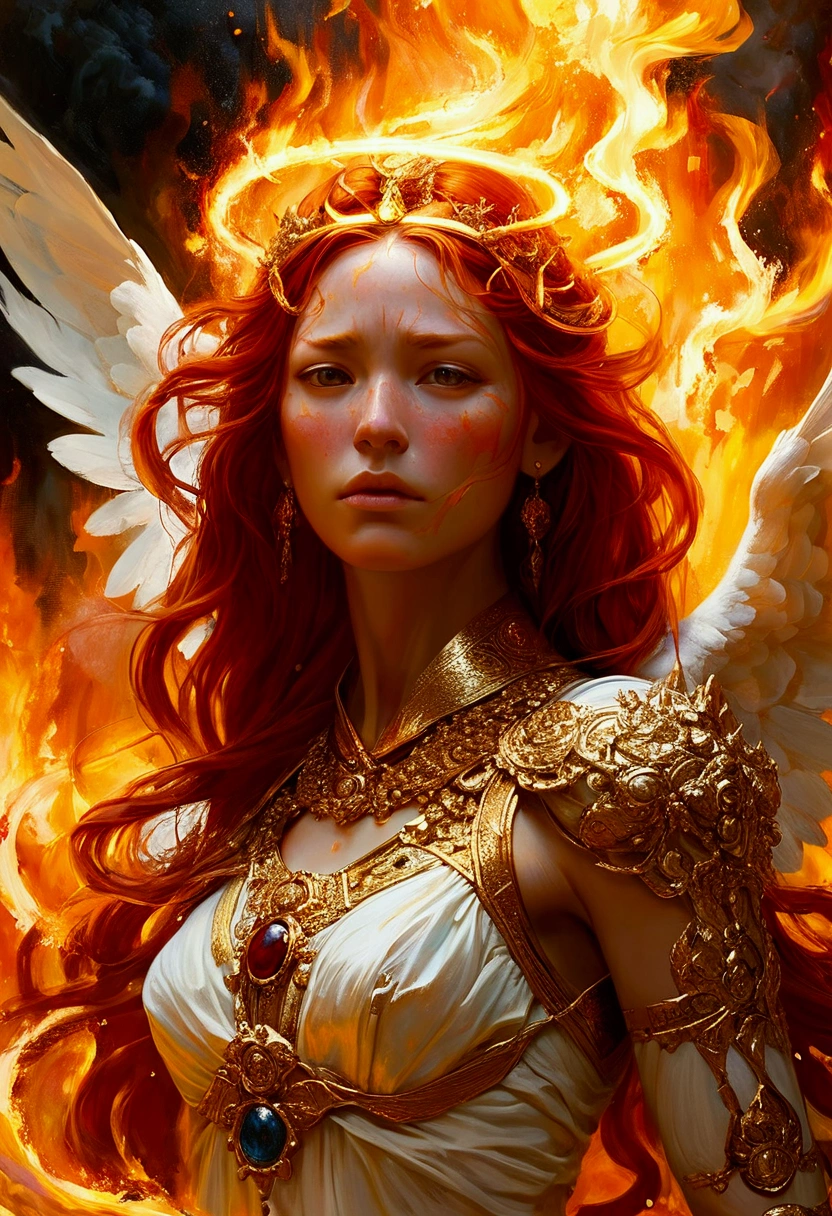 Create a detailed and expressive painting of a fire goddess with long red hair in the foreground. The goddess should be centred in the image with her head slightly tilted back, her eyes shows a great expression of sadness, longing and anger with tears rolling down her cheeks in gold on her face; it reflects the intensity of emotions as in Cabanel's portrait of The Fallen Angel.  His face should be centred to the camera. His shoulders should be visible, while the rest of his body remains outside the frame. The background should feature the element of fire that makes a crown of ashes behind his head, composed of a icon sunny devastation element in dark orange and dark yellow tones as the flames extinguished that create an intense, radiant effect against a black background. The background should be powerful, showing her fury and energy, giving a juxtaposition between the expression of the goddess's face and the chaos background. The hair should give a sense of movement and energy like wind. Use dramatic lighting to highlight the face and hair of the goddess, creating a strong contrast with the fiery background. The artistic style should focus on intricate details and ethereal elements, ensuring that the overall composition appears divine and otherworldly. Maintain the warmth of the colours and fine textures to faithfully replicate the image provided, allowing the figure to be substituted for another while retaining the background and overall style. 