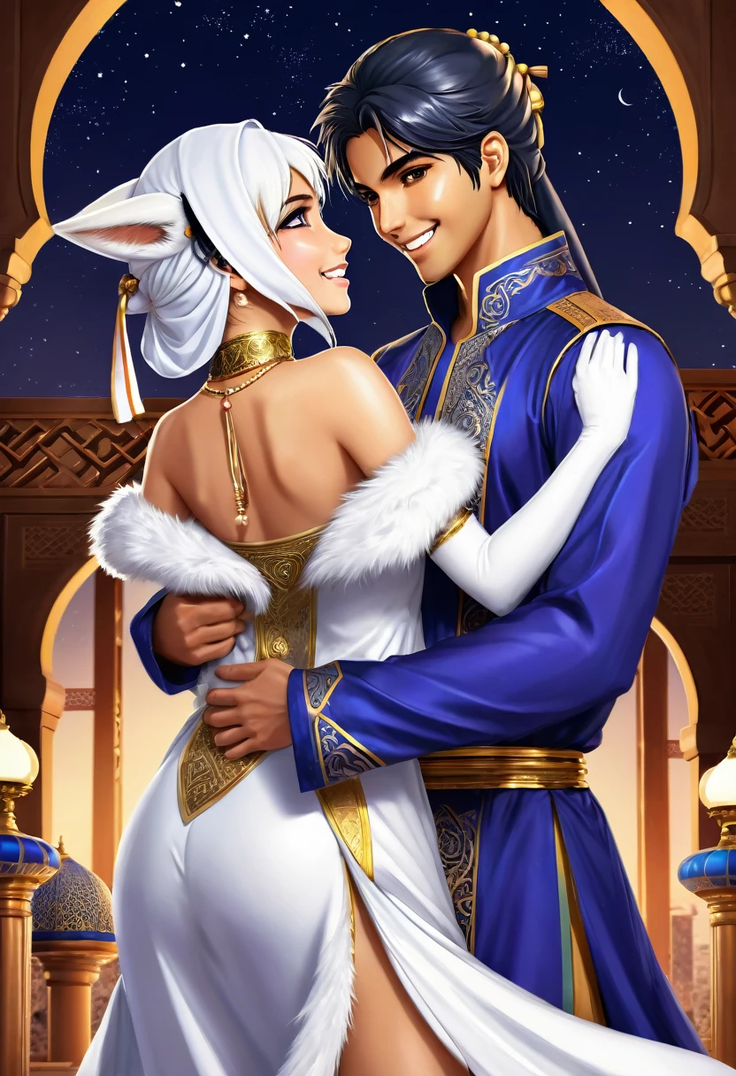 doujinshi cover_page, highres, top quality, best quality, paid reward available, unparalleled masterpiece, perfect artwork, absurdres, High-quality illustrations, super high resolution, detailed background, perfect anatomy(1girl, 1boy, couple, kemono, furry anthro, fearless smile, Arab national costume, love romance)The Arabian Nights, Alf Laylah wa Laylah,