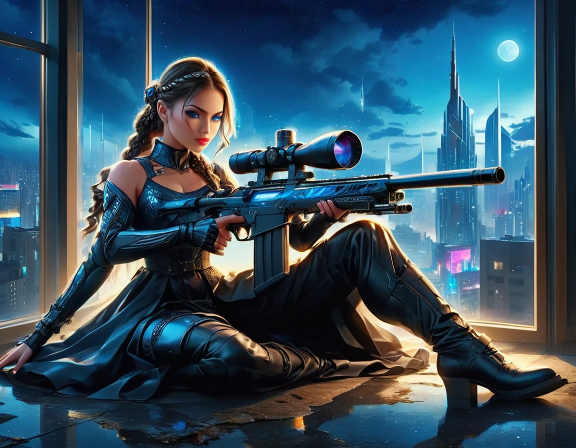 a portrait picture of a 1single woman sniper, standing in a window aiming a sniper rifle, an exotic beautiful woman sniper, dynamic hair, braided hair, full body shop, intense blue eyes, ultra detailed face, wearing (intricate evening dress: 1.5), elegant dress, dynamic color, dynamic style, wearing elegant stiletto heels , behind a window in a tall building at nigh, aiming a Light Sniper Rifle , cyberpunk city background, its night time, moon rays, some clouds,  (full body shot: 1.1) , vibrant, Ultra-high resolution, High Contrast, (masterpiece:1.5), highest quality, Best aesthetics), best details, best quality, highres, ultra wide angle, 16k, [ultra detailed], masterpiece, best quality, (extremely detailed) Sniper Rifle, evening dress