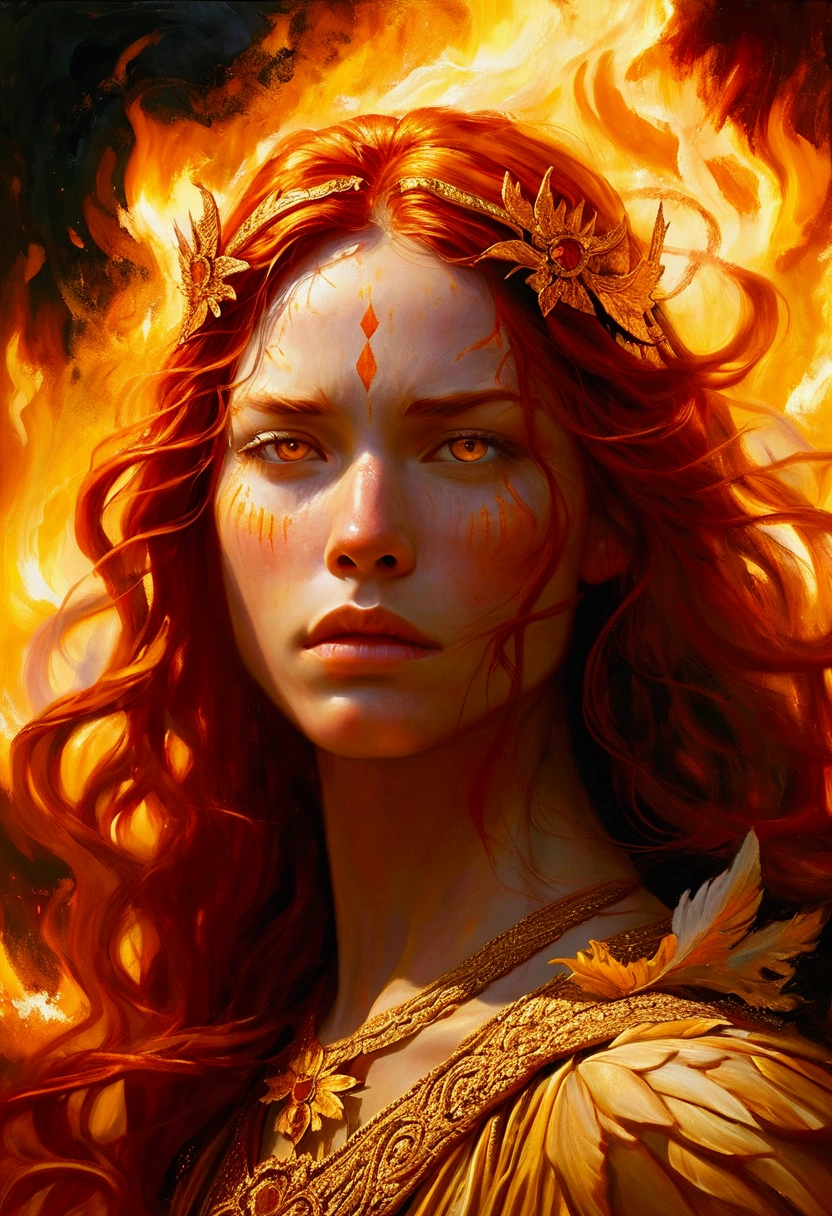 Create a detailed and expressive painting of a fire goddess with long red hair in the foreground. The goddess should be centred in the image with her head slightly tilted back, her eyes closed and an expression of great sadness, longing and anger with tears rolling down her cheeks in gold on her face; it reflects the intensity of emotions as in Cabanel's portrait of The Fallen Angel.  His face should be centred to the camera. His shoulders should be visible, while the rest of his body remains outside the frame. The background should feature the element of fire that makes a crown behind his head, composed of a sunny, vibrant element in dark orange and dark yellow tones that create an intense, radiant effect against a black background. The background should be powerful, showing her fury and energy, giving a juxtaposition between the expression of the goddess's face and the background. The hair should give a sense of movement and energy like wind. Use dramatic lighting to highlight the face and hair of the goddess, creating a strong contrast with the fiery background. The artistic style should focus on intricate details and ethereal elements, ensuring that the overall composition appears divine and otherworldly. Maintain the warmth of the colours and fine textures to faithfully replicate the image provided, allowing the figure to be substituted for another while retaining the background and overall style. 