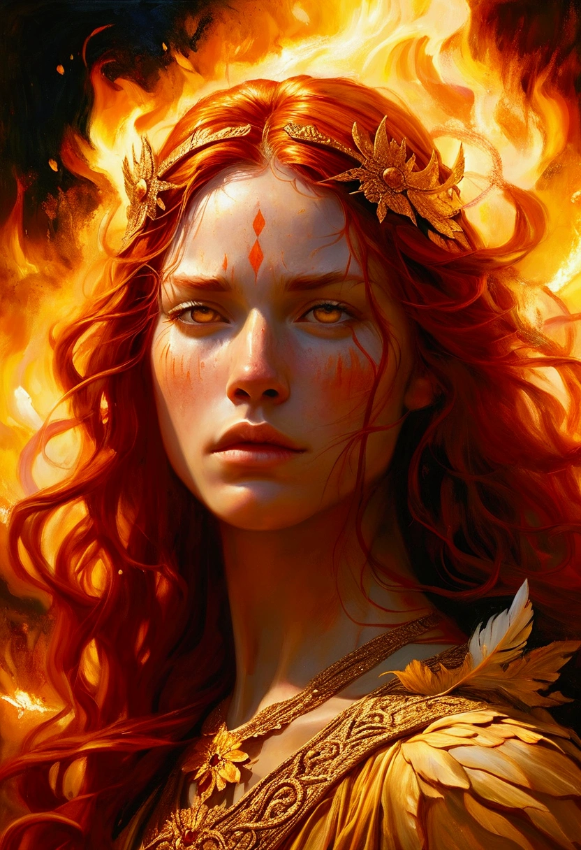 Create a detailed and expressive painting of a fire goddess with long red hair in the foreground. The goddess should be centred in the image with her head slightly tilted back, her eyes closed and an expression of great sadness, longing and anger with tears rolling down her cheeks in gold on her face; it reflects the intensity of emotions as in Cabanel's portrait of The Fallen Angel. His face should be centred to the camera. His shoulders should be visible, while the rest of his body remains outside the frame. The background should feature the element of fire that makes a crown behind his head, composed of a sunny, vibrant element in dark orange and dark yellow tones that create an intense, radiant effect against a black background. The background should be powerful, showing her fury and energy, giving a juxtaposition between the expression of the goddess's face and the background. The hair should give a sense of movement and energy like wind. Use dramatic lighting to highlight the face and hair of the goddess, creating a strong contrast with the fiery background. The artistic style should focus on intricate details and ethereal elements, ensuring that the overall composition appears divine and otherworldly. Maintain the warmth of the colours and fine textures to faithfully replicate the image provided, allowing the figure to be substituted for another while retaining the background and overall style.