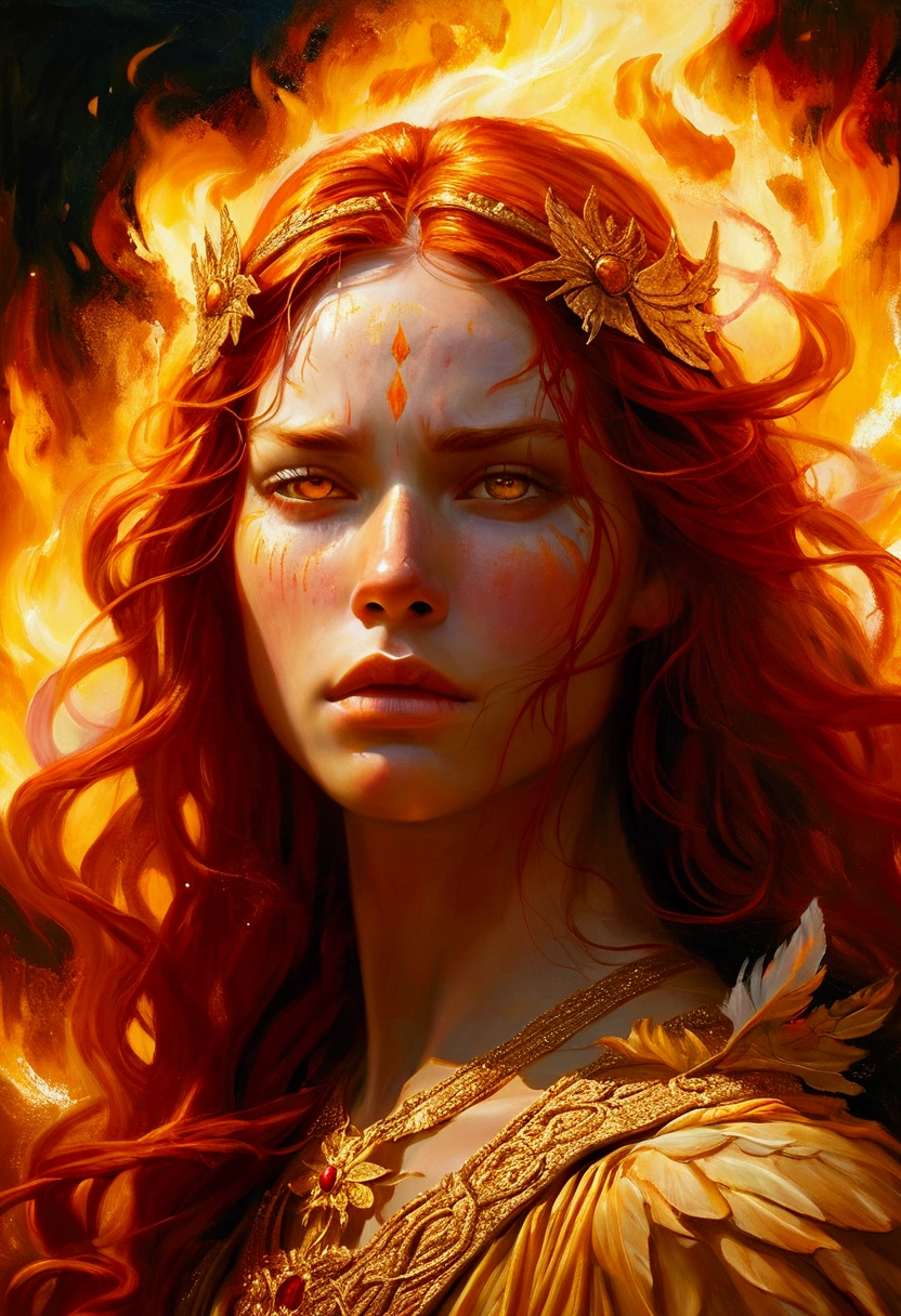 Create a detailed and expressive painting of a fire goddess with long red hair in the foreground. The goddess should be centred in the image with her head slightly tilted back, her eyes closed and an expression of great sadness, longing and anger with tears rolling down her cheeks in gold on her face; it reflects the intensity of emotions as in Cabanel's portrait of The Fallen Angel.  His face should be centred to the camera. His shoulders should be visible, while the rest of his body remains outside the frame. The background should feature the element of fire that makes a crown behind his head, composed of a sunny, vibrant element in dark orange and dark yellow tones that create an intense, radiant effect against a black background. The background should be powerful, showing her fury and energy, giving a juxtaposition between the expression of the goddess's face and the background. The hair should give a sense of movement and energy like wind. Use dramatic lighting to highlight the face and hair of the goddess, creating a strong contrast with the fiery background. The artistic style should focus on intricate details and ethereal elements, ensuring that the overall composition appears divine and otherworldly. Maintain the warmth of the colours and fine textures to faithfully replicate the image provided, allowing the figure to be substituted for another while retaining the background and overall style. 