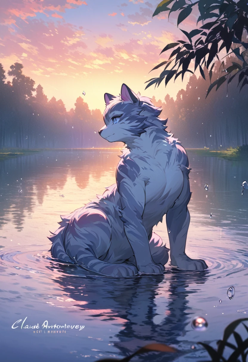 masterpeace, best quality, highres, solo, kindred, 1girl, hair flowing, light blue glow , calming ambience, moonlight, beautiful body, soft fur, water, reflection, cute
