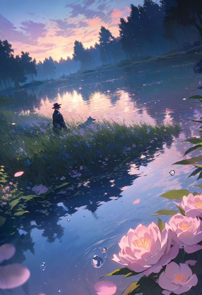 High-quality illustrations by Claude Monet, Impressionism, cover_page, highres, absurdres, detailed background, lake, dawn, detailed forest, clouds, Mysterious and romantic atmosphere, caustics surface(refraction, polarization)perfect anatomy(handsome 1boy, single, kemono, solo focus)volumetric lighting, Wet clothes, Water droplets(furry anthro)(very detailed body fur)full body, soft and delicate color palette, dramatic composition,