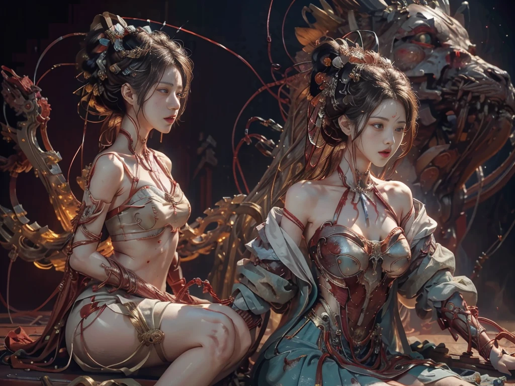 (Masterpiece, Top quality, Best quality, offcial art, Beautiful and aesthetic:1.2), (1girll:1.3), extreme detailed details,Colorful,highest details ((Ultra-detailed)), (Highly detailed CG illustration), ((An extremely delicate and beautiful)),(From the side Side),Cinematic light,((1机械女孩)),独奏,full bodyesbian,(machine made joints:1.2),((Mechanical limb)),(blood vessels attached to the tube),(Mechanical vertebrae attached to the back),((mechanical cervial attaching to neck)),(Sitting),Expressionless,(wires and cables attaching to neck:1.2),(wires and cables on head:1.2)(Character focus),Science fiction,White background,(Blood:1.2), dunhuang