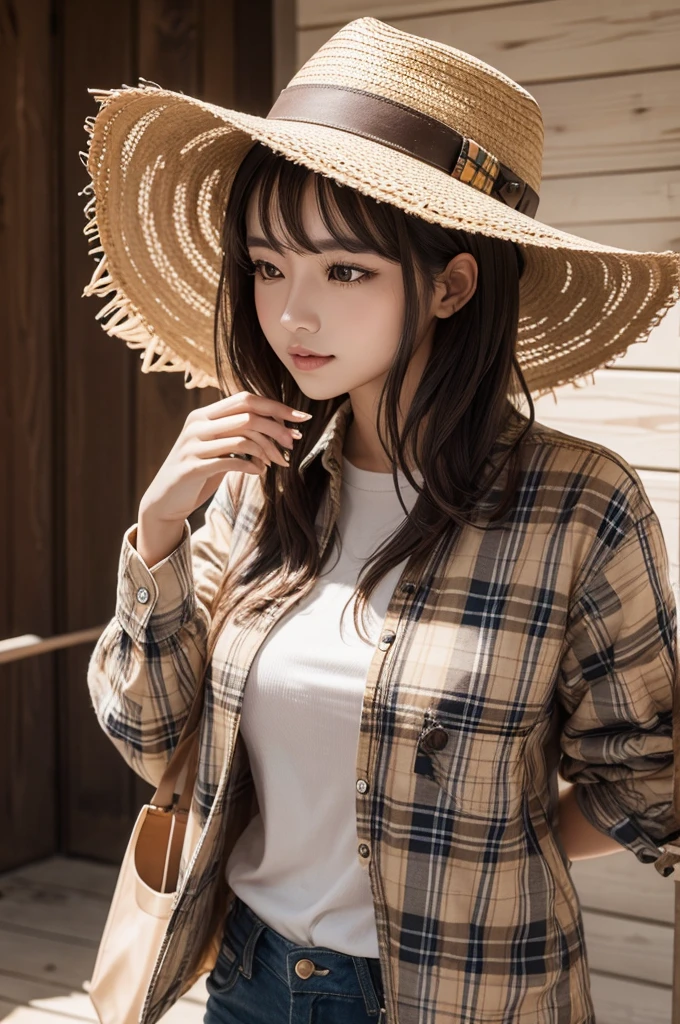 wolves( animal), wearing a plaid shirt and wearing a straw hat