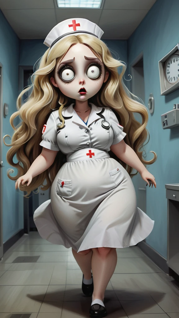 Young beautiful Chubby nurse running from in Tim Burton-inspired hospital. Hospital is full of peculiar spooky creatures with big eyes and Burtonesque charm. Nurse is voluptuous, has big breasts, blonde long wavy hair, wearing nurse uniform with big cleavage. blend of anime aesthetics and Burtonesque surrealism, (hand drawn with pencil:1.2), (tim burton style:1.27), curvy body, ultra detailed, intricate, dynamic pose, natural evening light, fantasy art, big eyes, mysterious, 