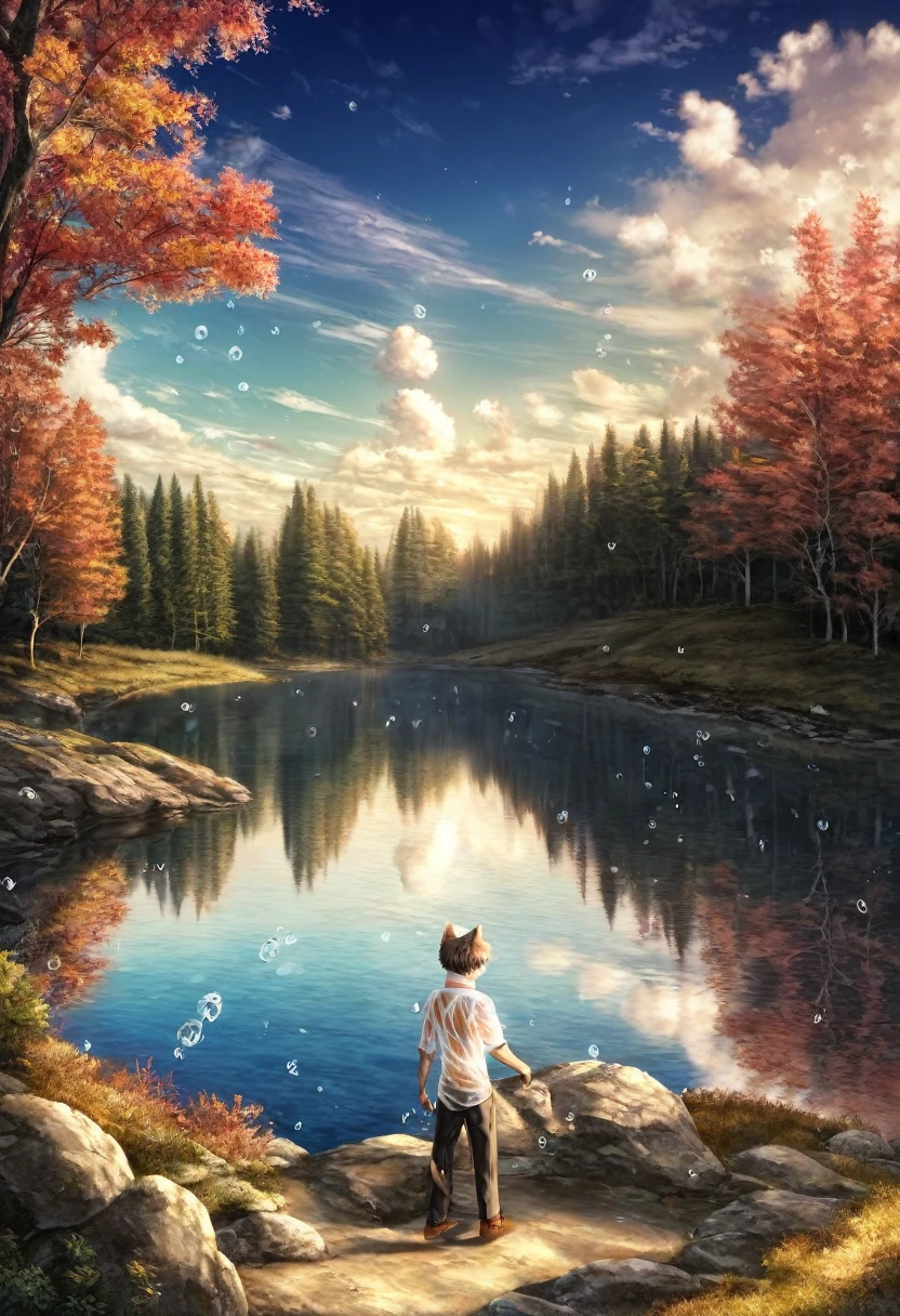 High-quality illustrations by Claude Monet, Impressionism, cover_page, highres, absurdres, detailed background, lake, dawn, detailed forest, clouds, Mysterious and romantic atmosphere, caustics surface(refraction, polarization)perfect anatomy(handsome 1boy, single, kemono, solo focus)volumetric lighting, Wet clothes, Water droplets(furry anthro)(very detailed body fur)full body, soft and delicate color palette, dramatic composition,