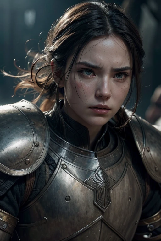 a powerful warrior, detailed armor, detailed facial features, intense gaze, dynamic pose, medieval fantasy, dramatic lighting, cinematic composition, muted color palette, epic adventure