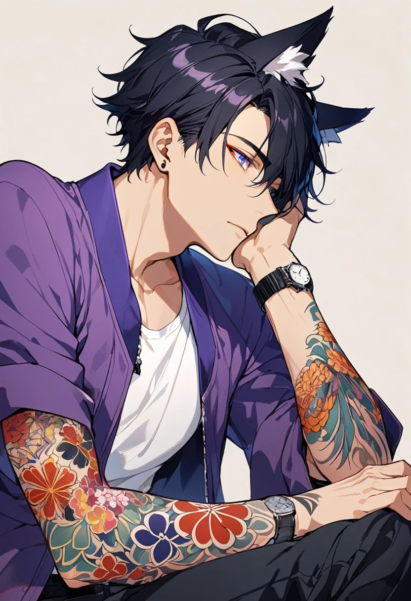 1man, short black hair, fox ears, bright blueviolet eyes, wearing a purple casual jacket, wearing a white undershirt, wearing black pants , wearing a vintage blueviolet watch, japanese style tattoos,  colorfull tattoos, tattoos all over the arms, resting head with hand