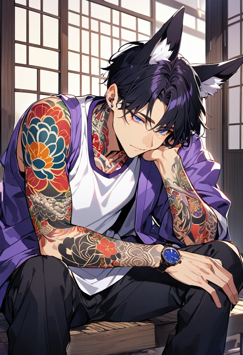1man, short black hair, fox ears, bright blueviolet eyes, wearing a purple casual jacket, wearing a white undershirt, wearing black pants , wearing a vintage blueviolet watch, japanese style tattoos, colorfull tattoos, tattoos all over the arms, resting head with hand
