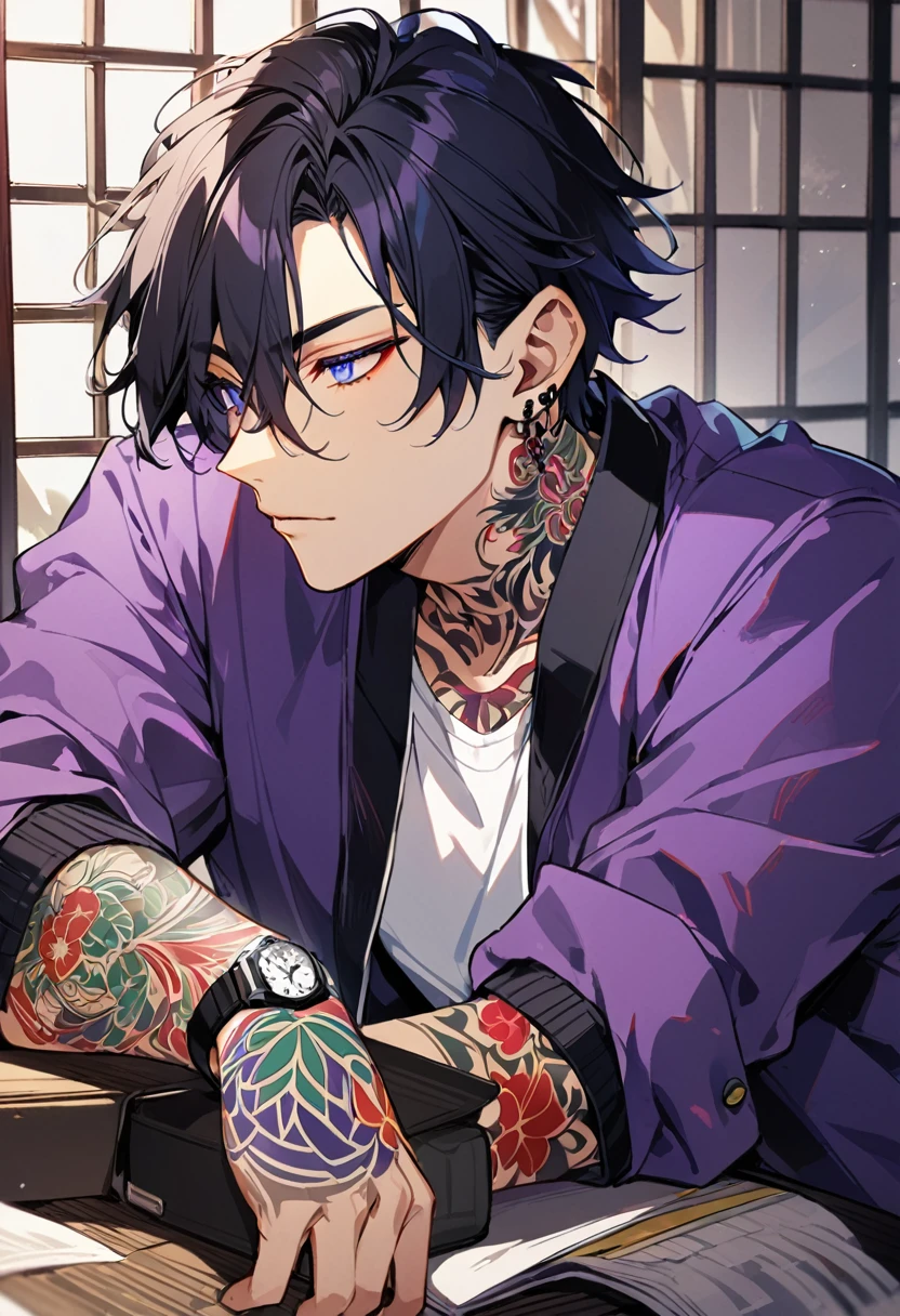1man, short black hair, fox ears, bright blueviolet eyes, wearing a purple casual jacket, wearing a white undershirt, wearing black pants , wearing a vintage blueviolet watch, japanese style tattoos,  colorfull tattoos, tattoos all over the arms, resting head with hand
