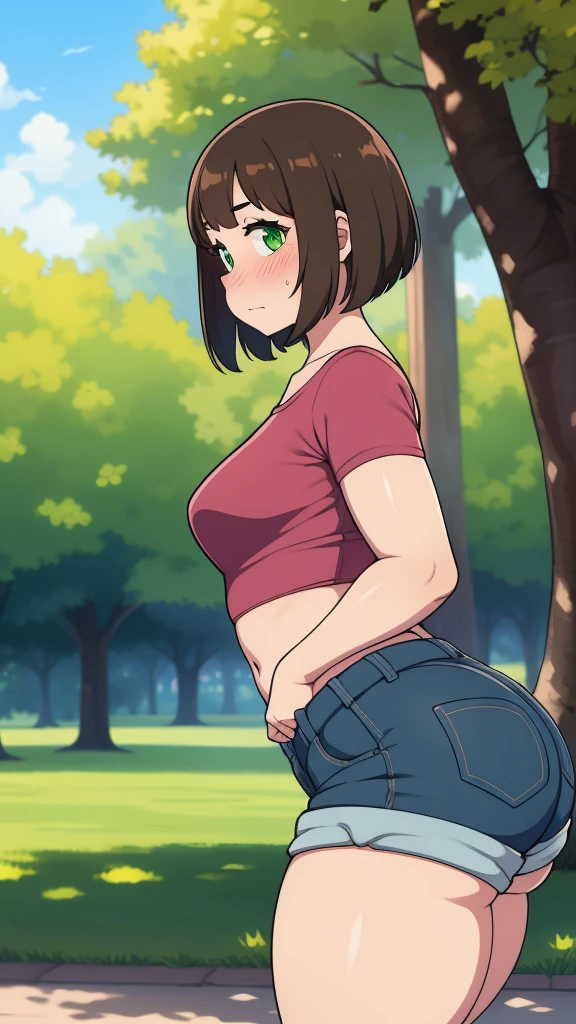 ((highres)), Masterpiece, high quality, best quality, beautiful, perfect lighting, detailed face, ultra cute face, from side, ((1girl)), ((solo)),
Short hair, fluffy hair, brown hair, green eyes, ((blush)), nervous, shy, looking at viewer, arms crossed, crop top, shorts, (((thick thighs))), (fat ass), (wide hips), small breasts, bottom heavy,
20 year old female, standing in a park, (park), daytime,