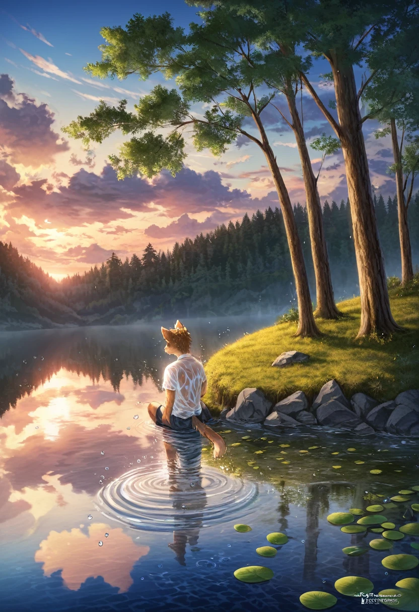 High-quality illustrations by Claude Monet, Impressionism, cover_page, highres, absurdres, detailed background, lake, dawn, detailed forest, clouds, Mysterious and romantic atmosphere, caustics surface(refraction, polarization)perfect anatomy(handsome 1boy, single, kemono, solo focus)volumetric lighting, Wet clothes, Water droplets(furry anthro)(very detailed body fur)full body, soft and delicate color palette, dramatic composition,