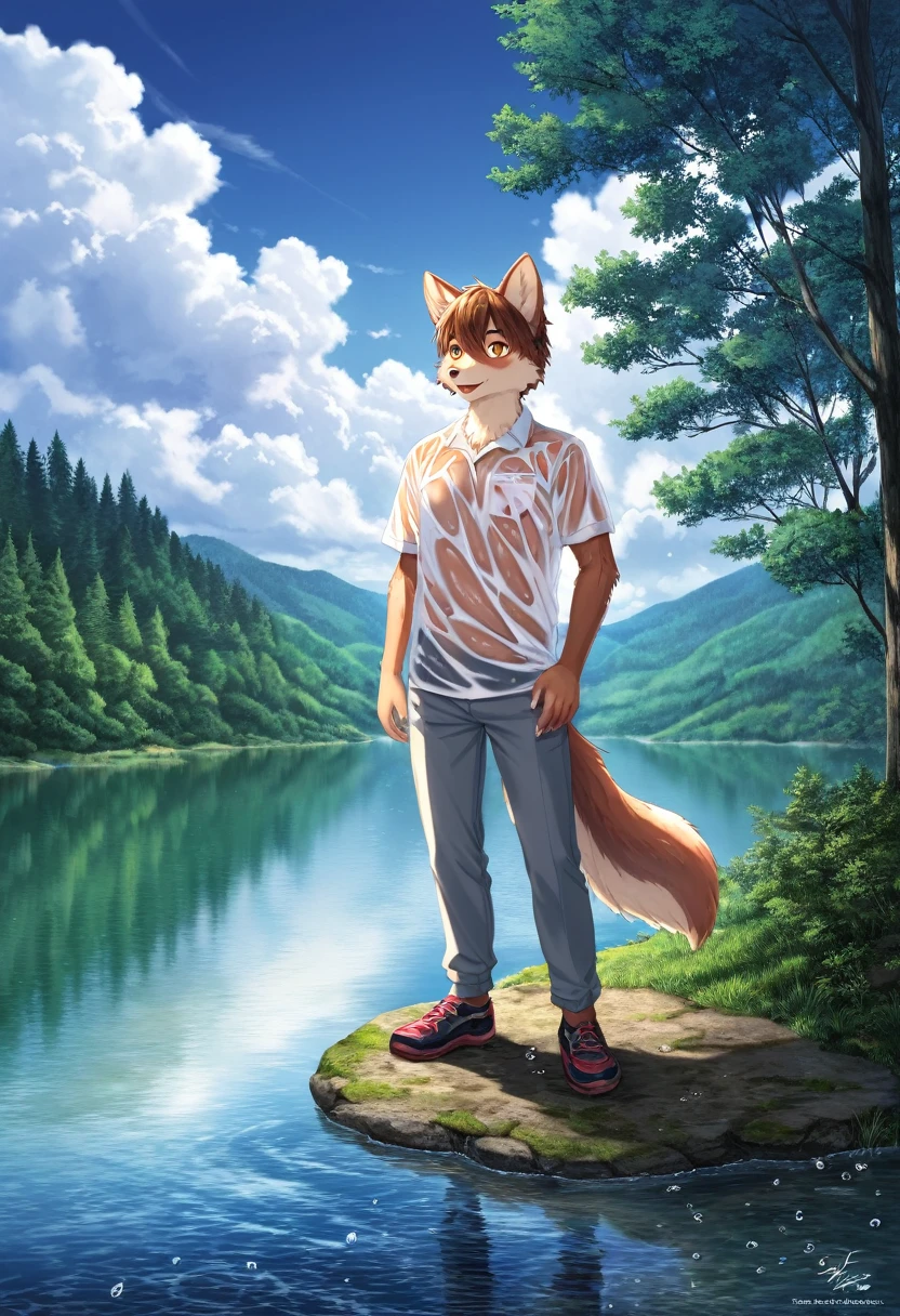 High-quality illustrations by Claude Monet, Impressionism, cover_page, highres, absurdres, detailed background, lake, dawn, detailed forest, clouds, Mysterious and romantic atmosphere, caustics surface(refraction, polarization)perfect anatomy(handsome 1boy, single, kemono, solo focus)volumetric lighting, Wet clothes, Water droplets(furry anthro)(very detailed body fur)full body, soft and delicate color palette, dramatic composition,